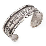 Vintage Signed Sterling Silver Stamped Floral & Geometric Motifs Cuff Bracelet