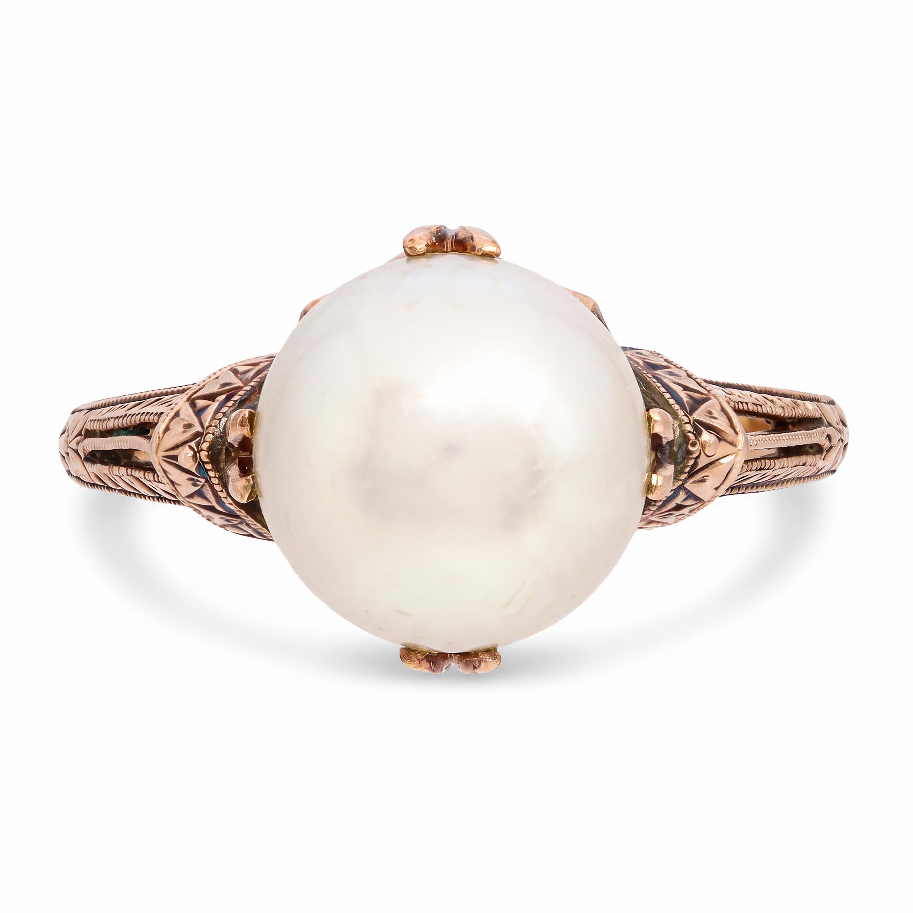 Vintage Engraved 14k Yellow Gold Pearl Ring