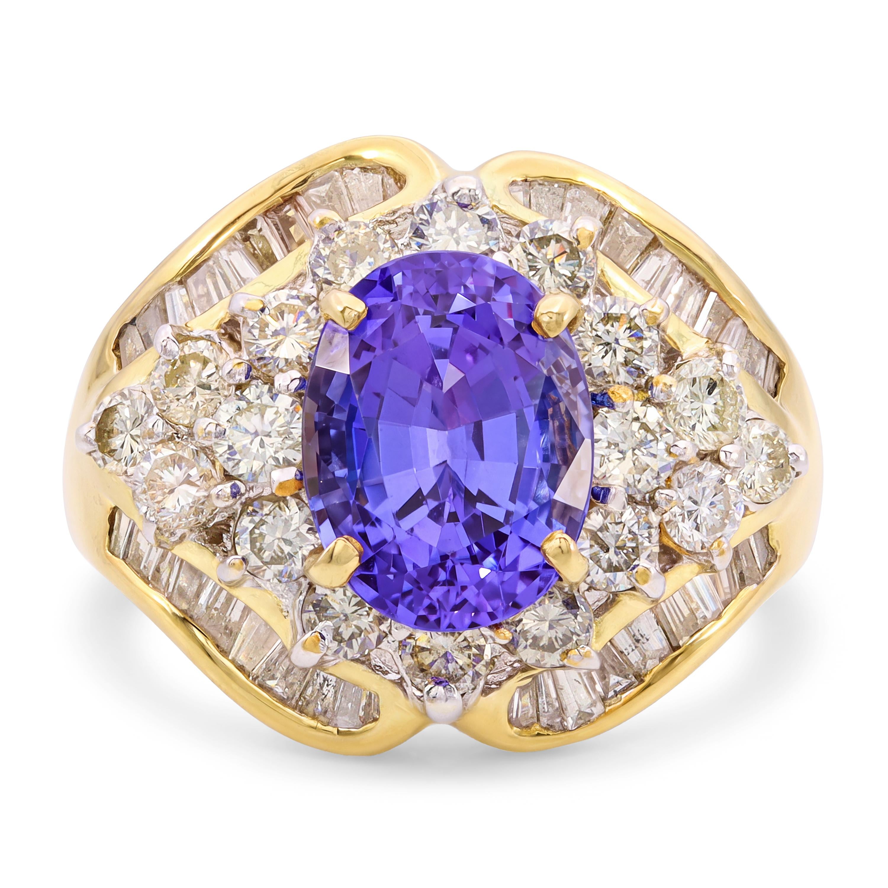 Vintage 17k Yellow Gold Tanzanite and Diamond Cluster Cocktail Ring