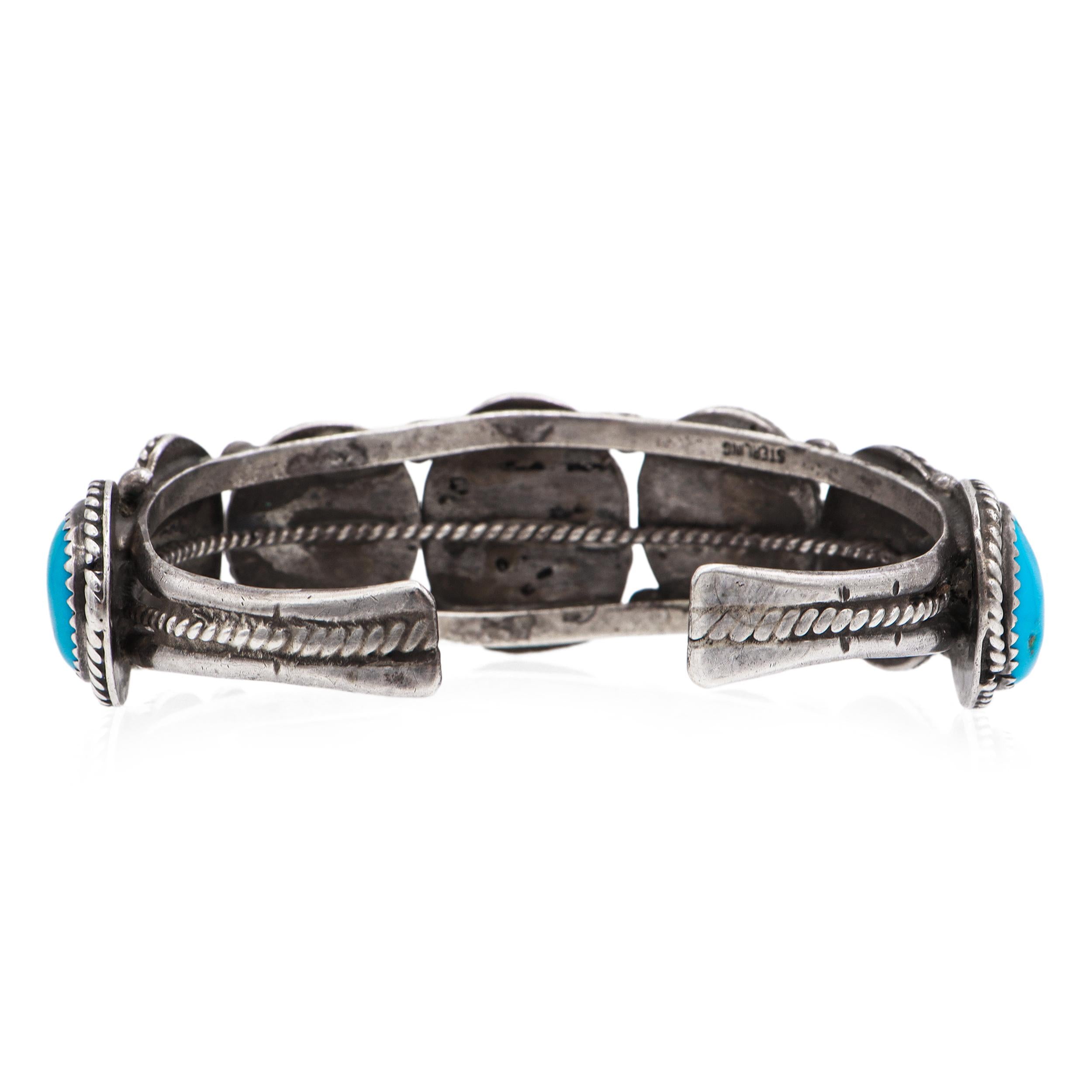 Vintage Sterling Silver Turquoise Five-Stone Cuff Bracelet