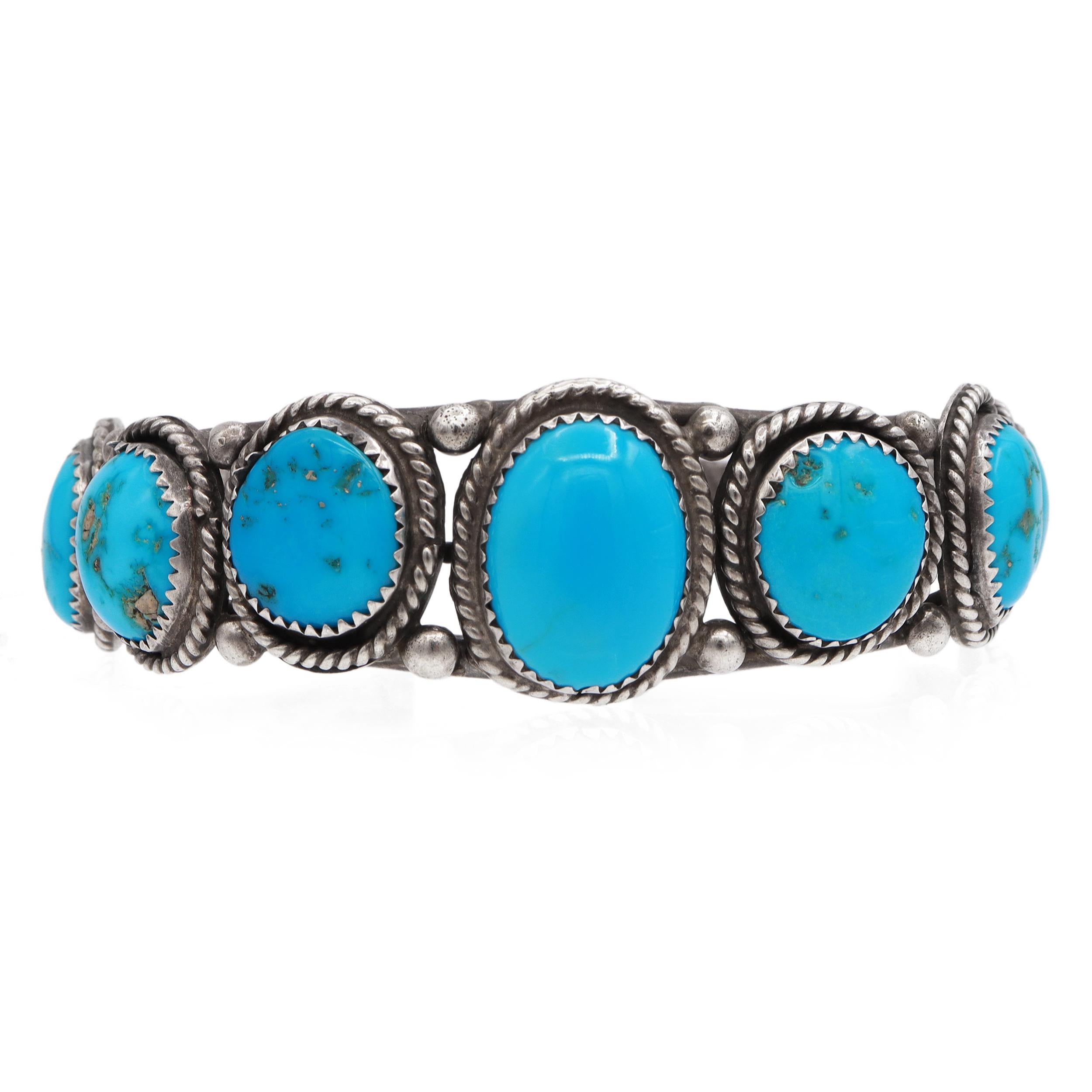 Vintage Sterling Silver Turquoise Five-Stone Cuff Bracelet