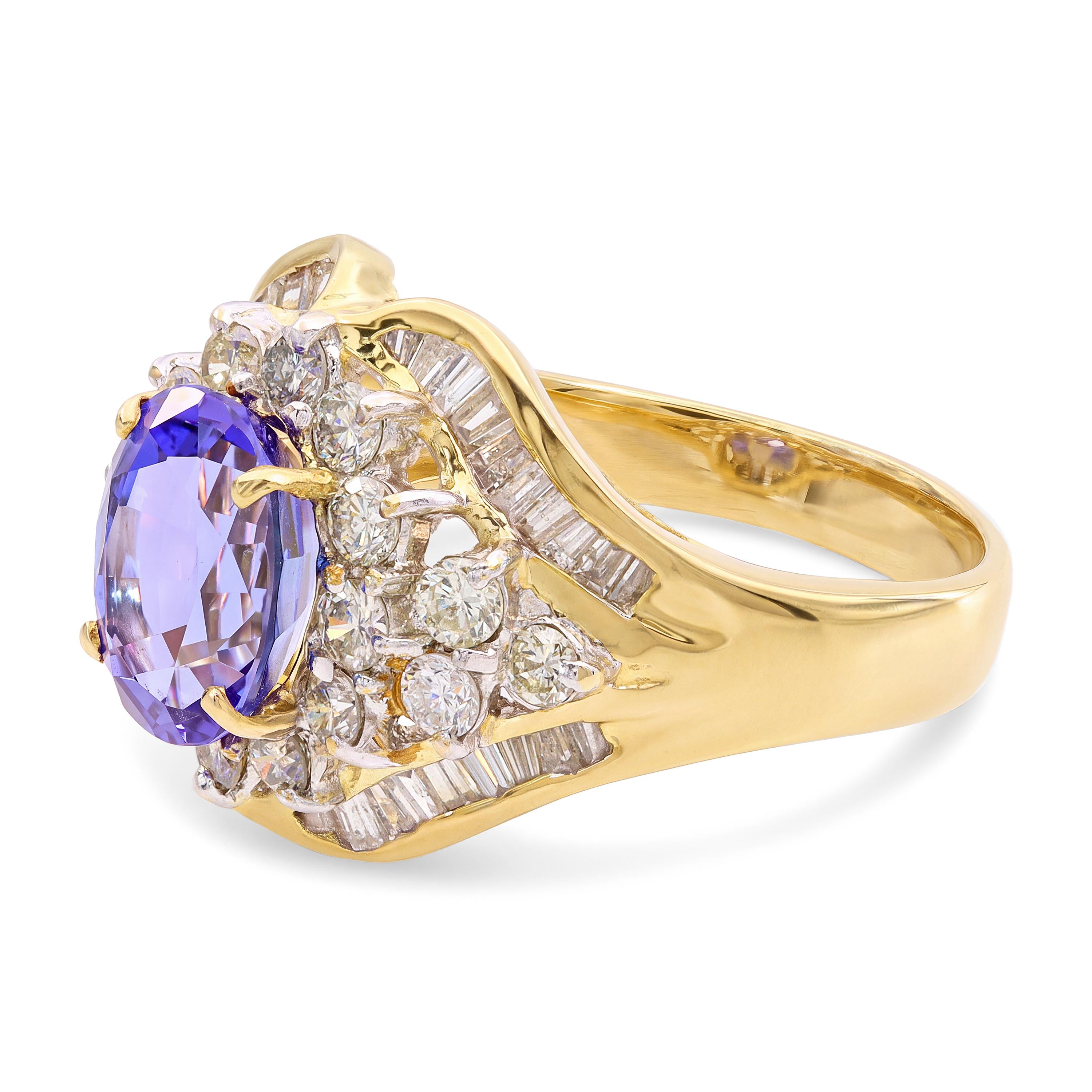 Vintage 17k Yellow Gold Tanzanite and Diamond Cluster Cocktail Ring