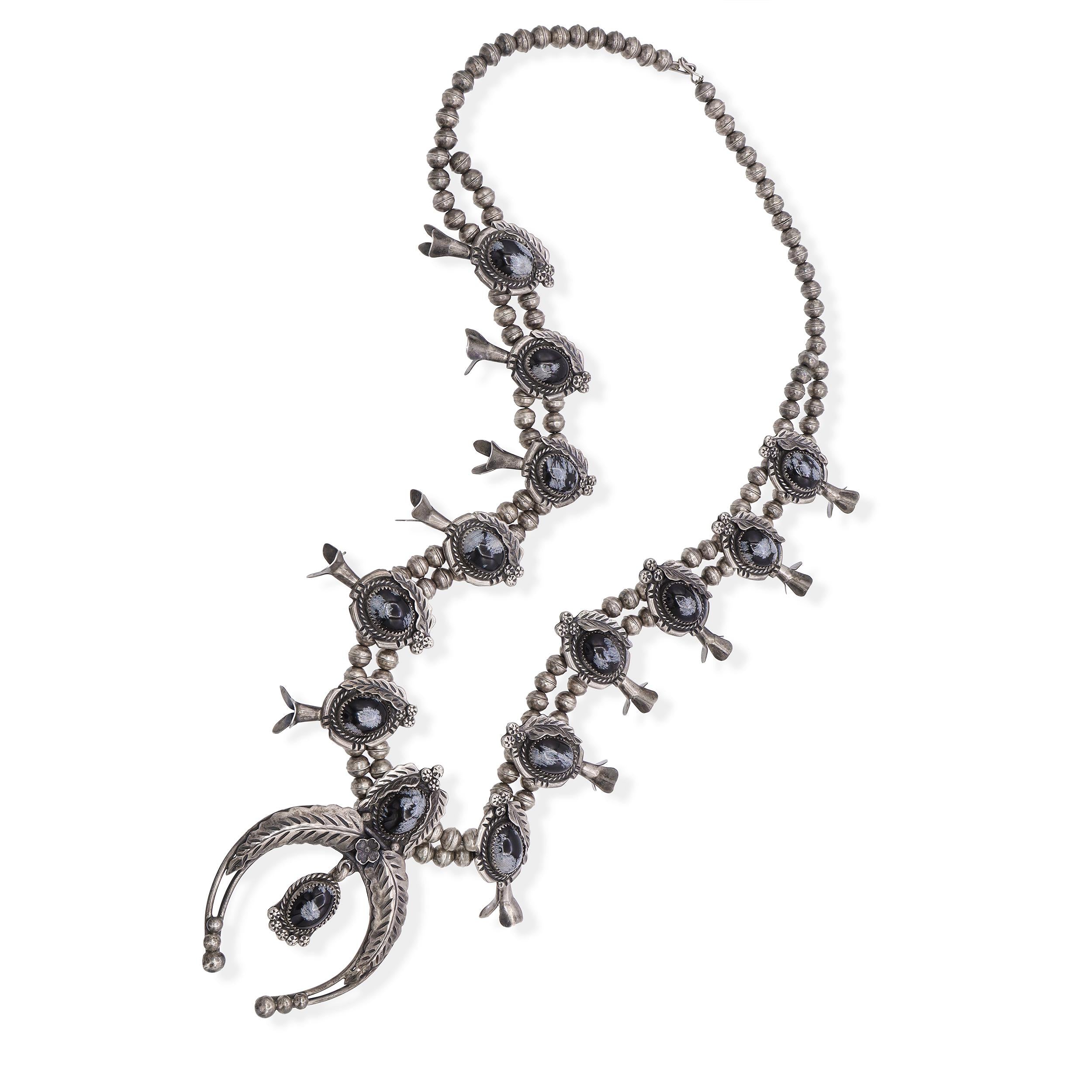 Vintage Snowflake Obsidian Silver Squash Blossom, Ring, & Earring Set