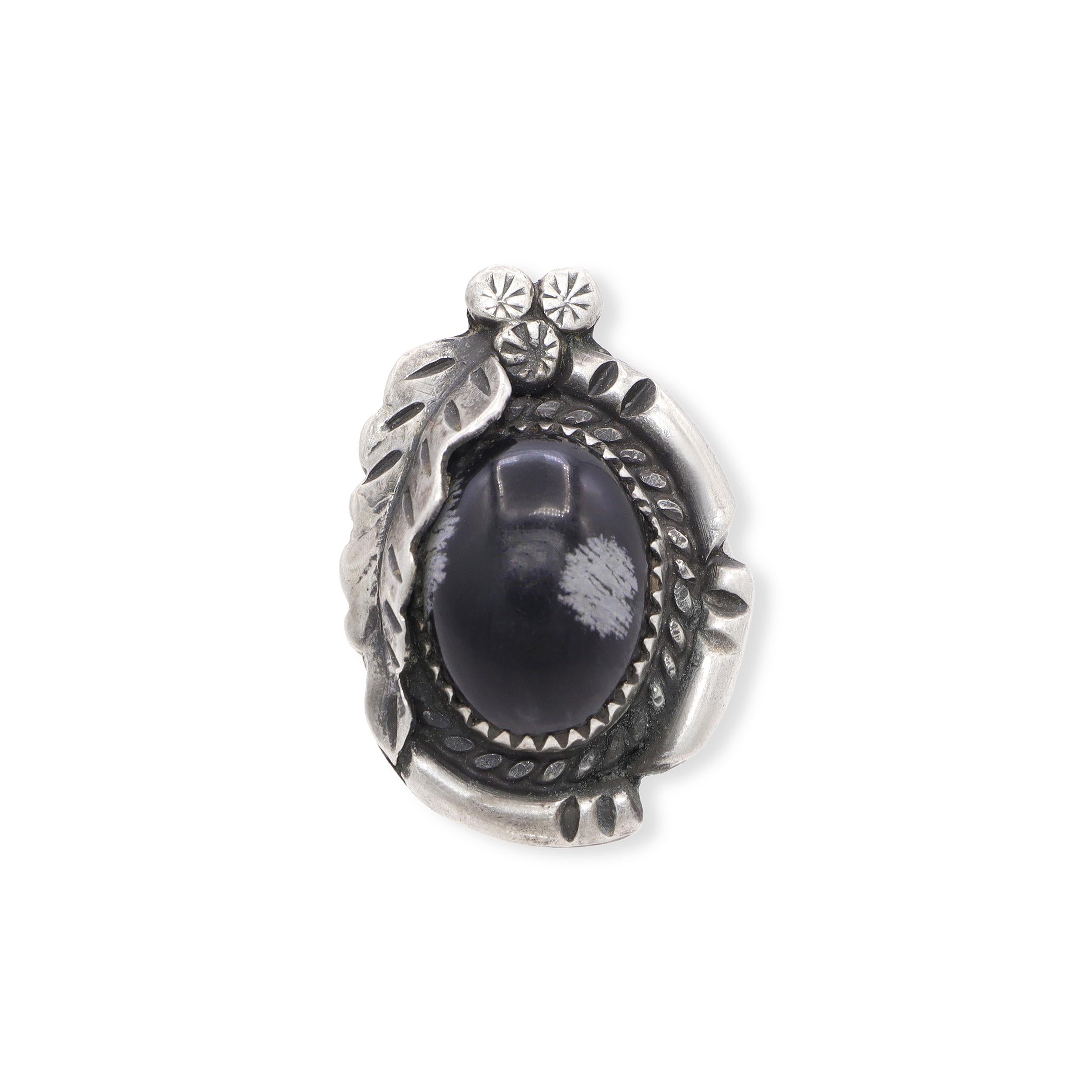 Vintage Snowflake Obsidian Silver Squash Blossom, Ring, & Earring Set