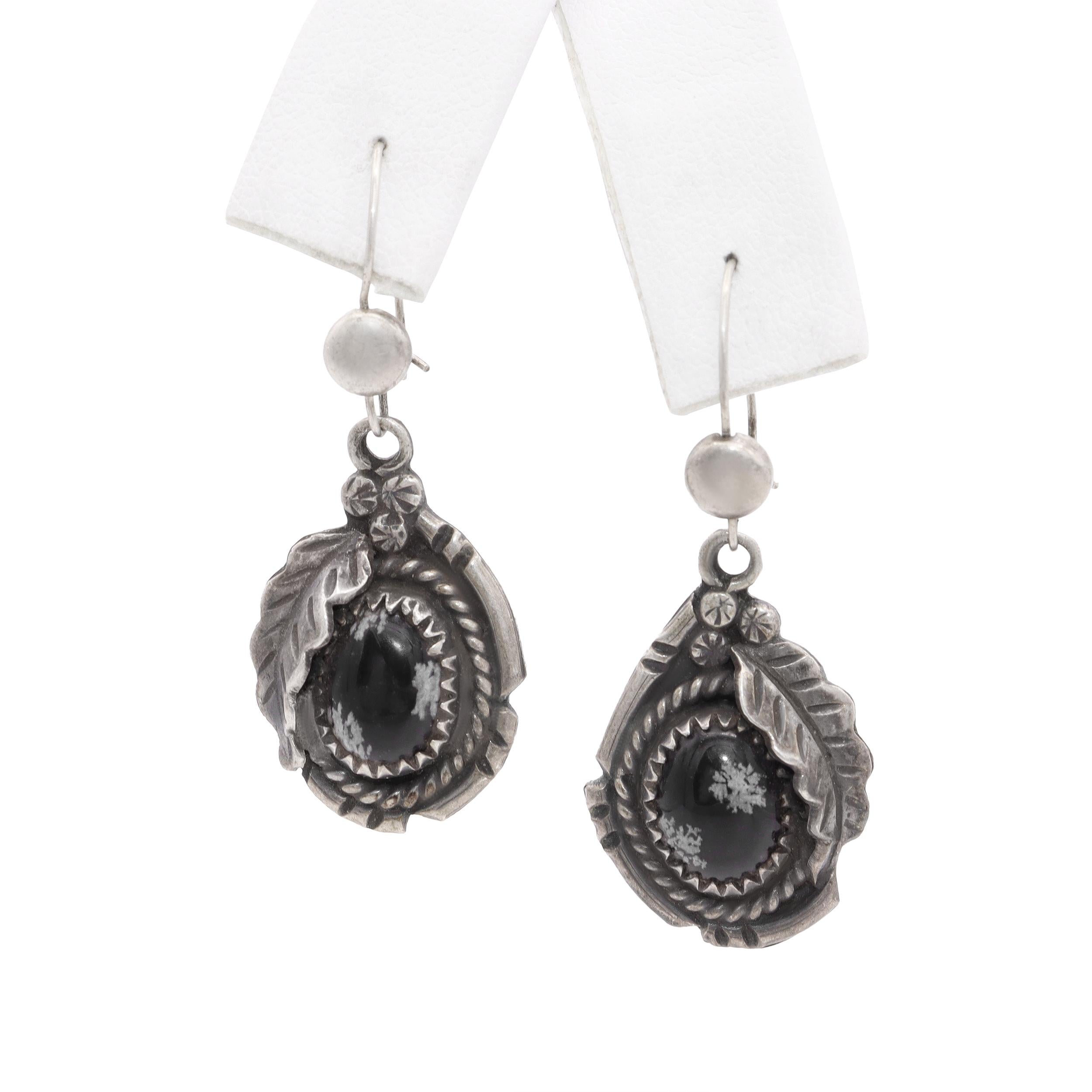 Vintage Snowflake Obsidian Silver Squash Blossom, Ring, & Earring Set