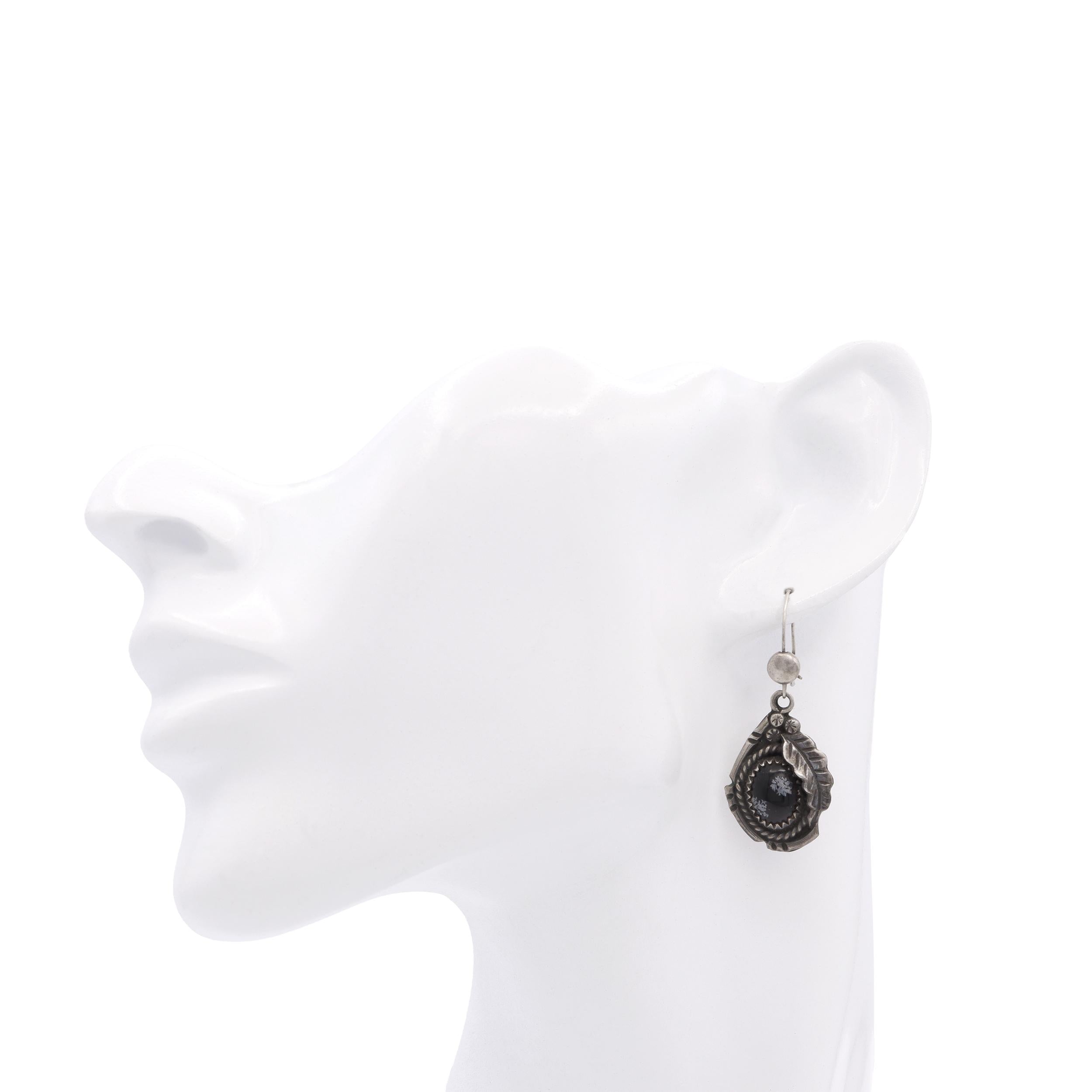 Vintage Snowflake Obsidian Silver Squash Blossom, Ring, & Earring Set