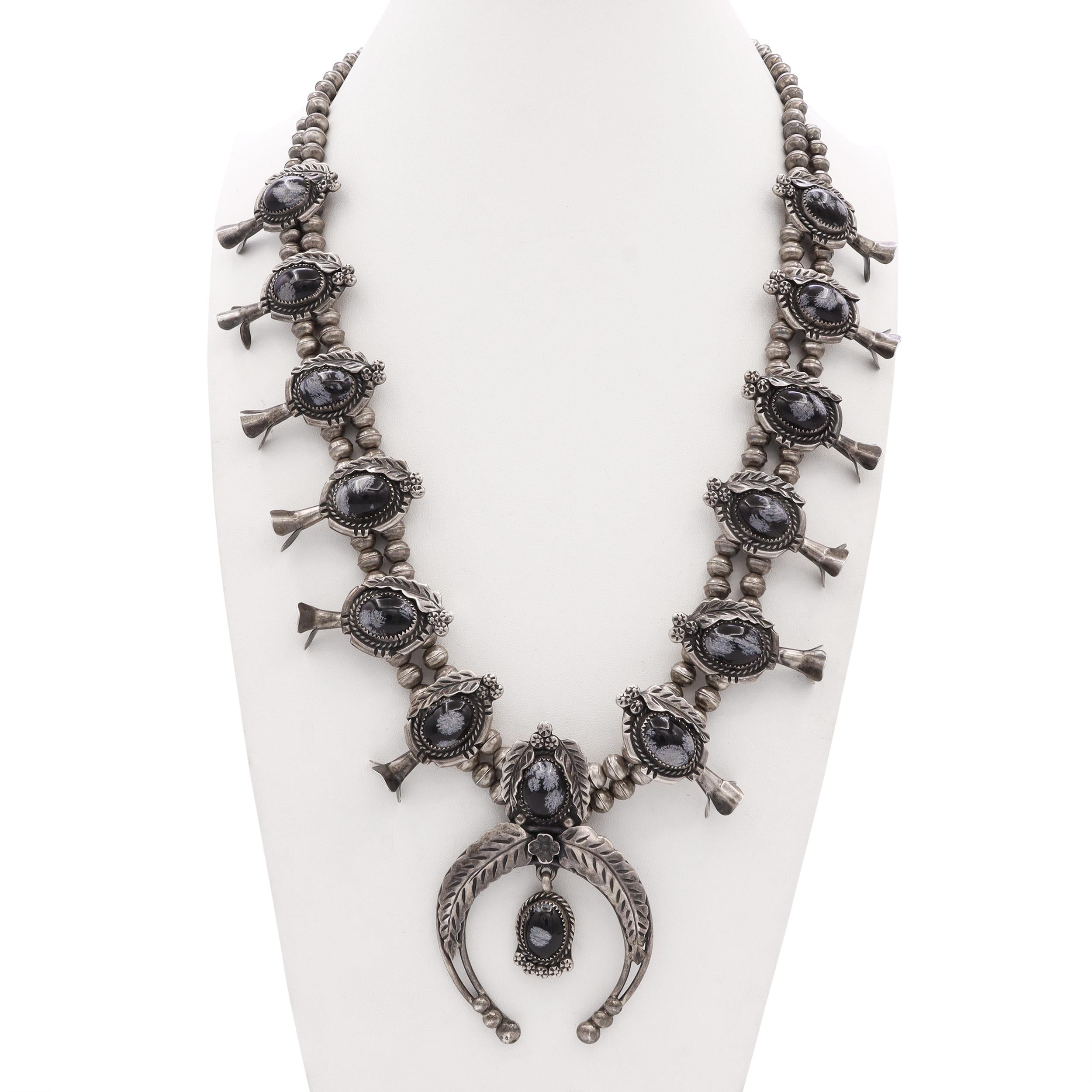 Vintage Snowflake Obsidian Silver Squash Blossom, Ring, & Earring Set