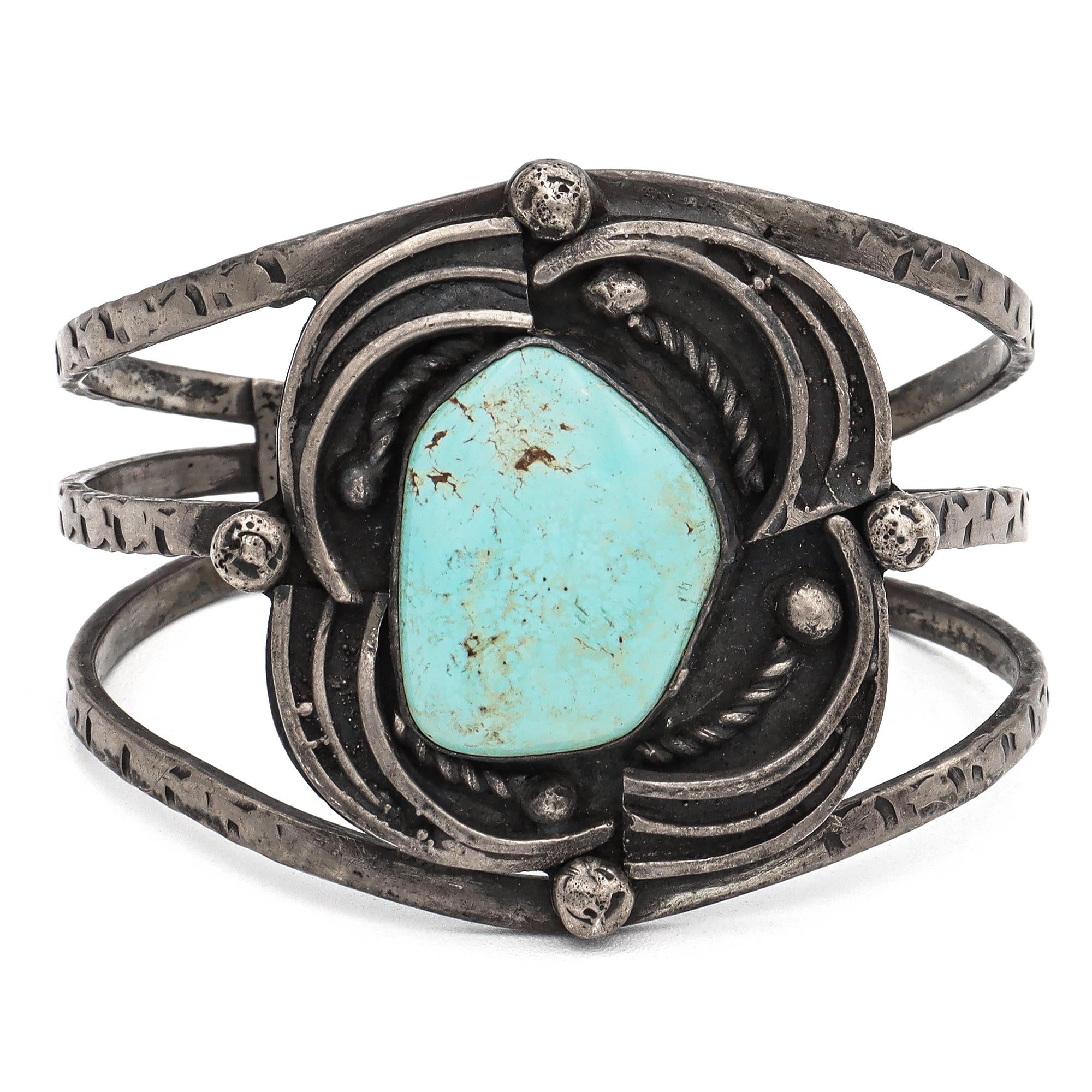Vintage Navajo ERL Signed Sterling Silver Turquoise Cuff Bracelet