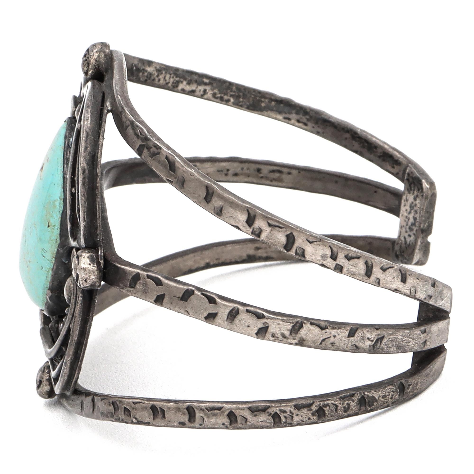 Vintage Navajo ERL Signed Sterling Silver Turquoise Cuff Bracelet