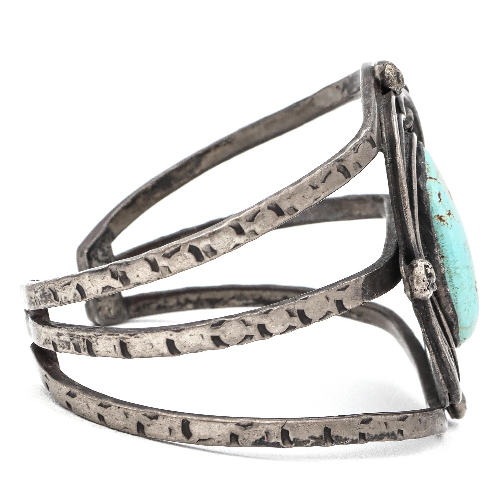 Vintage Navajo ERL Signed Sterling Silver Turquoise Cuff Bracelet