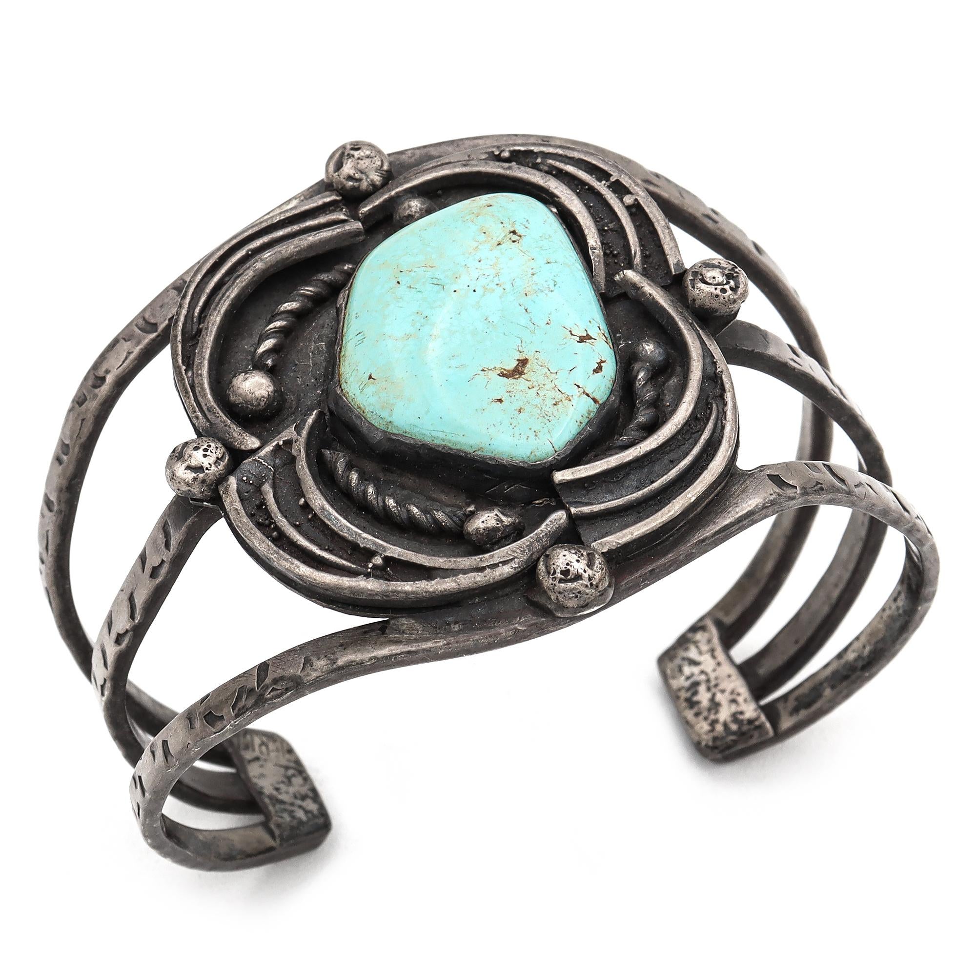 Vintage Navajo ERL Signed Sterling Silver Turquoise Cuff Bracelet