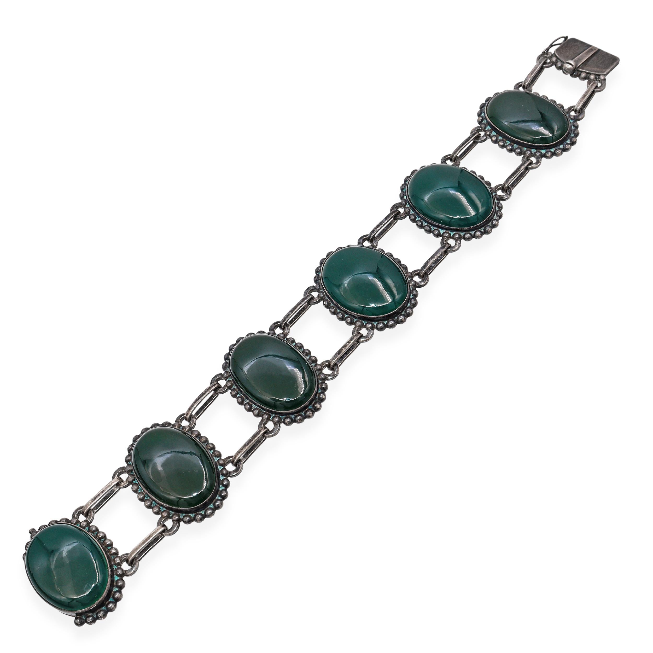 Vintage Georg Jensen Sterling Silver Green Agate Link Bracelet No. 25A
