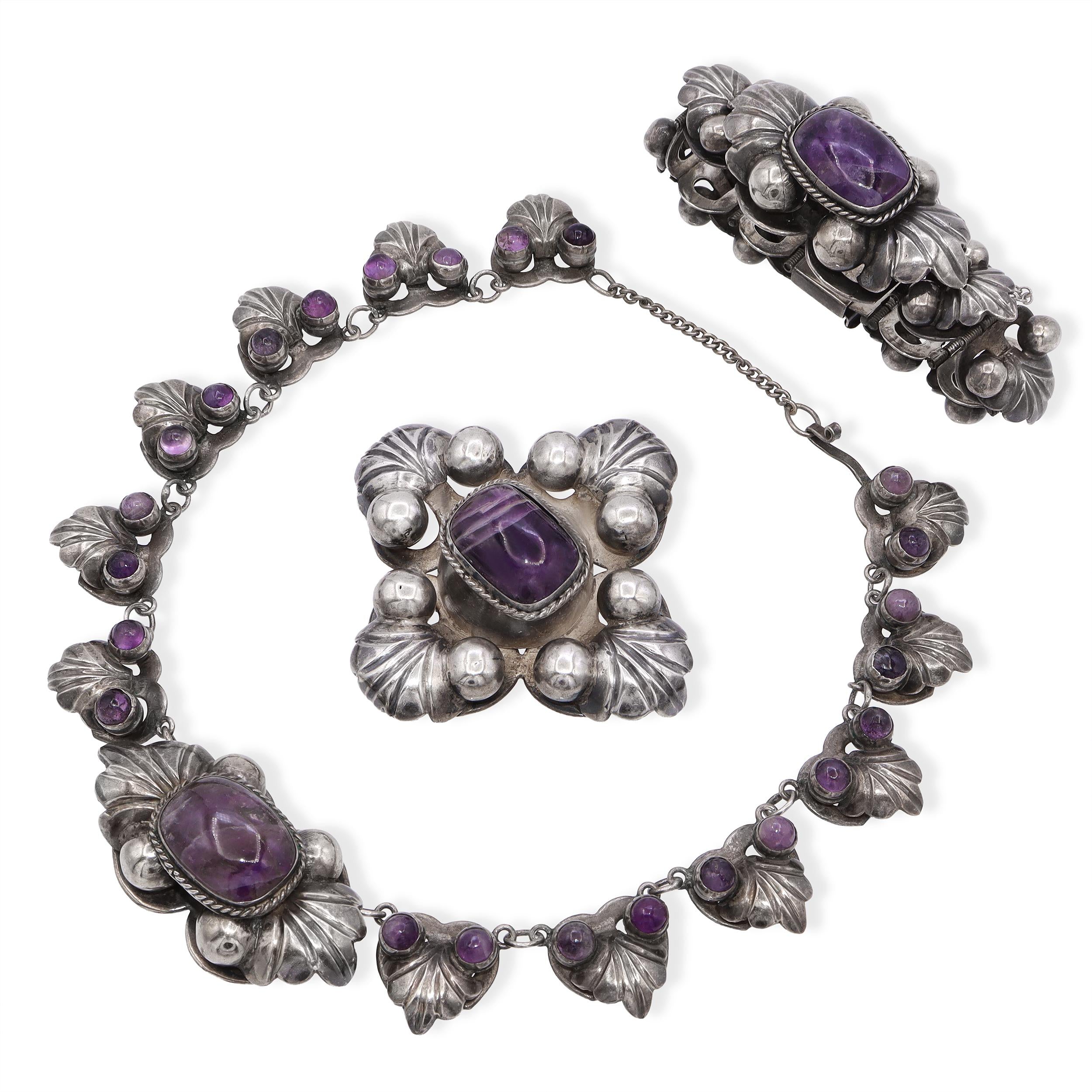 Vintage Mexican Sterling Silver & Amethyst Necklace, Brooch, and Bracelet Set