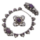 Vintage Mexican Sterling Silver & Amethyst Necklace, Brooch, and Bracelet Set