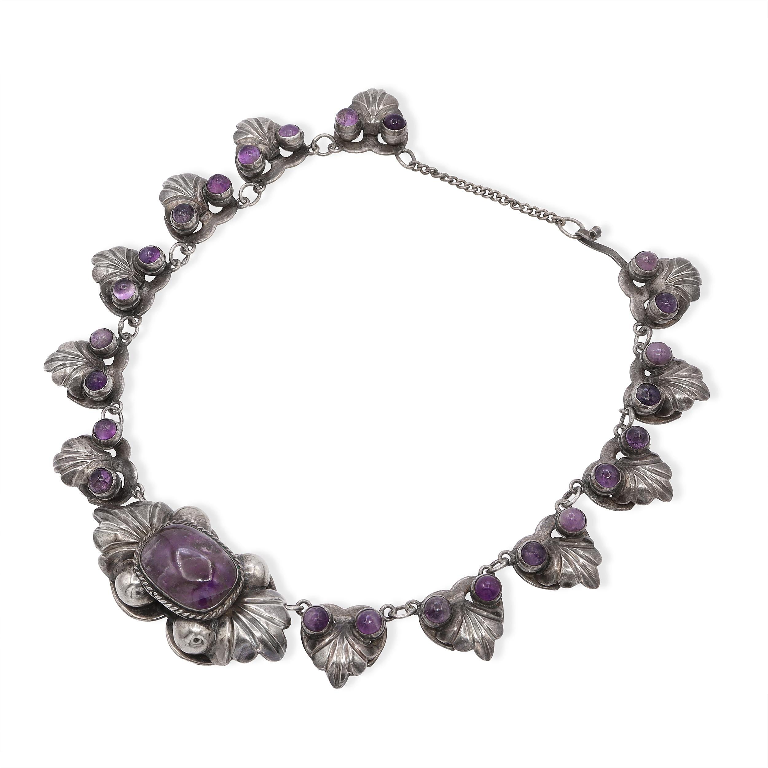 Vintage Mexican Sterling Silver & Amethyst Necklace, Brooch, and Bracelet Set
