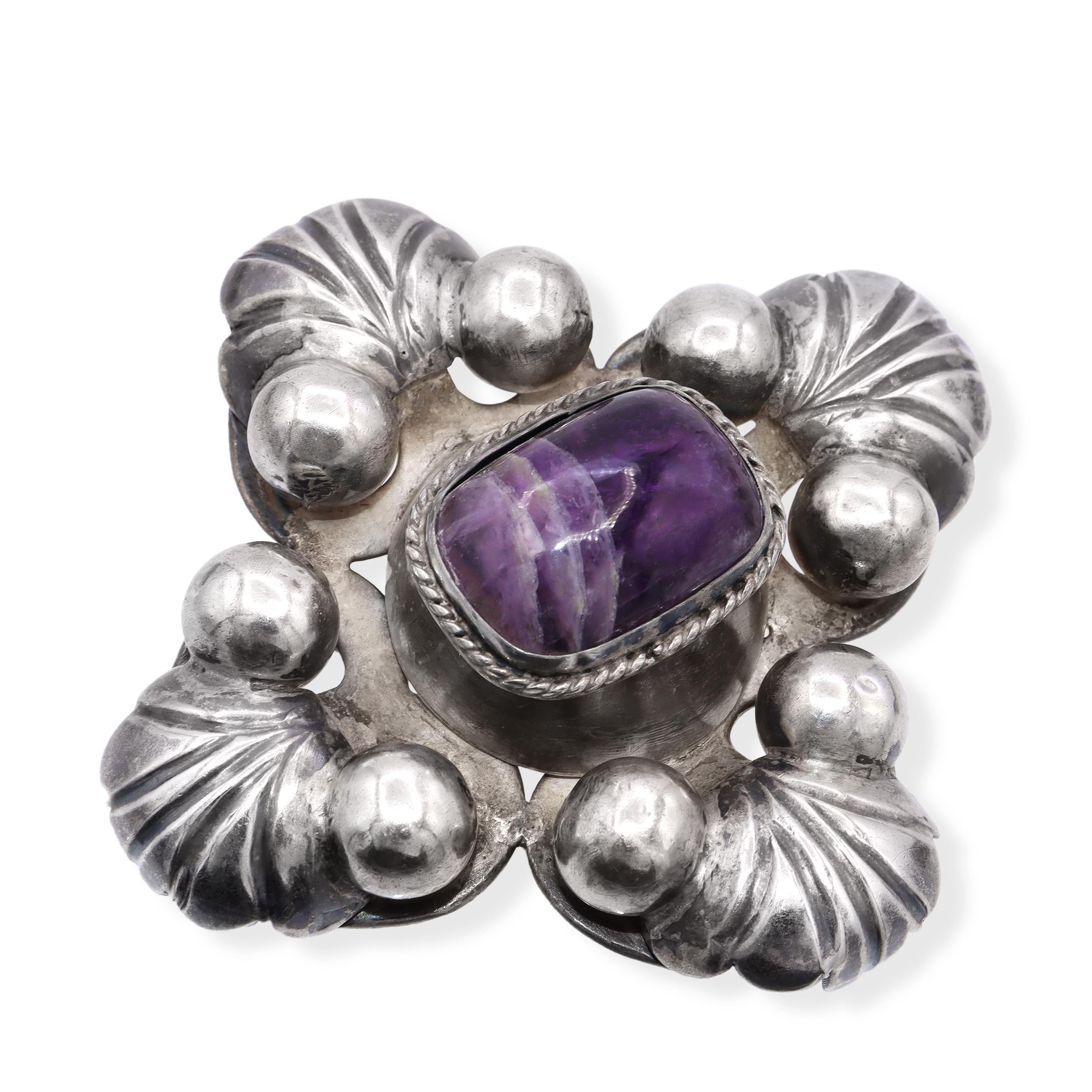 Vintage Mexican Sterling Silver & Amethyst Necklace, Brooch, and Bracelet Set