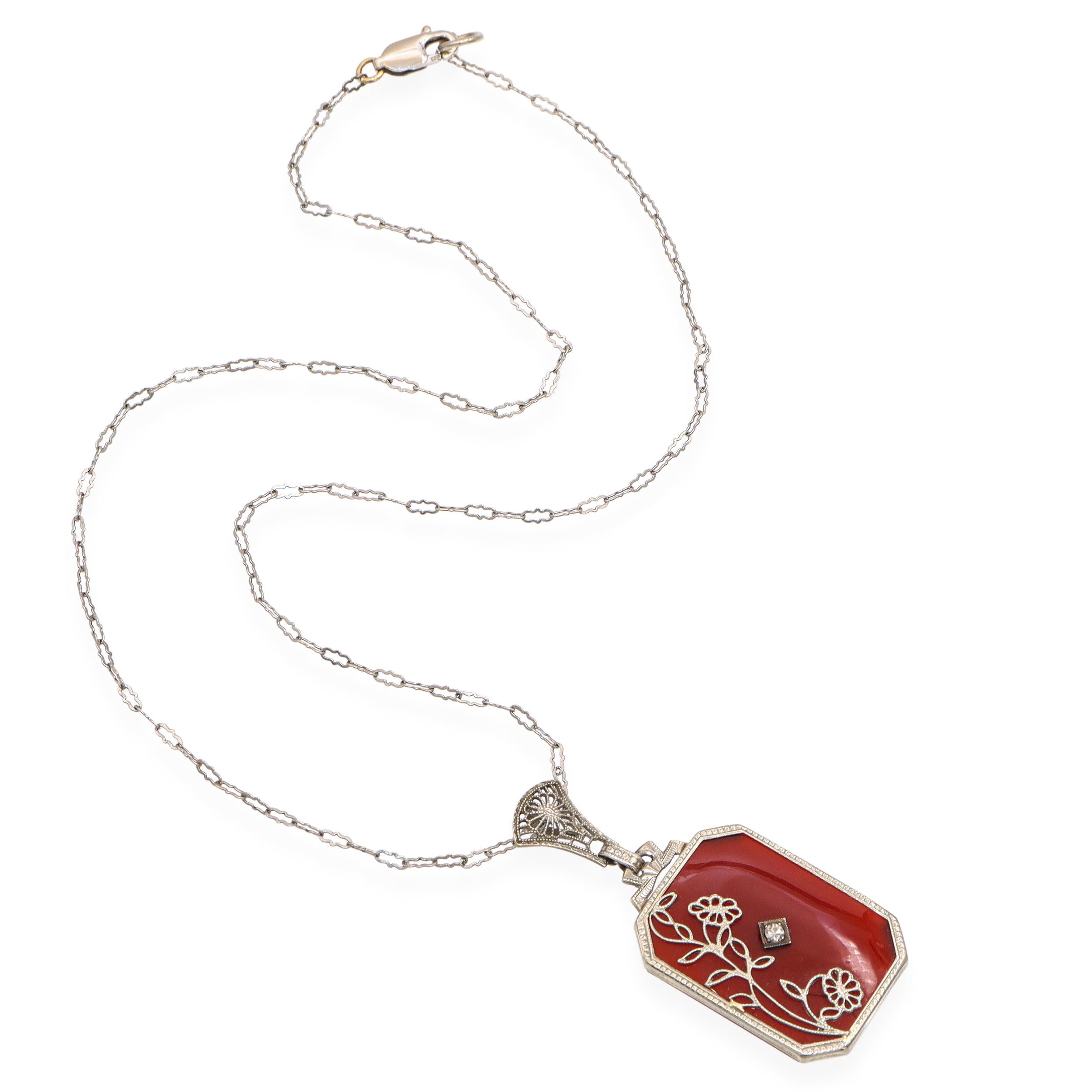 Antique Art Deco 14k White Gold Filigree Carnelian Diamond Pendant Necklace