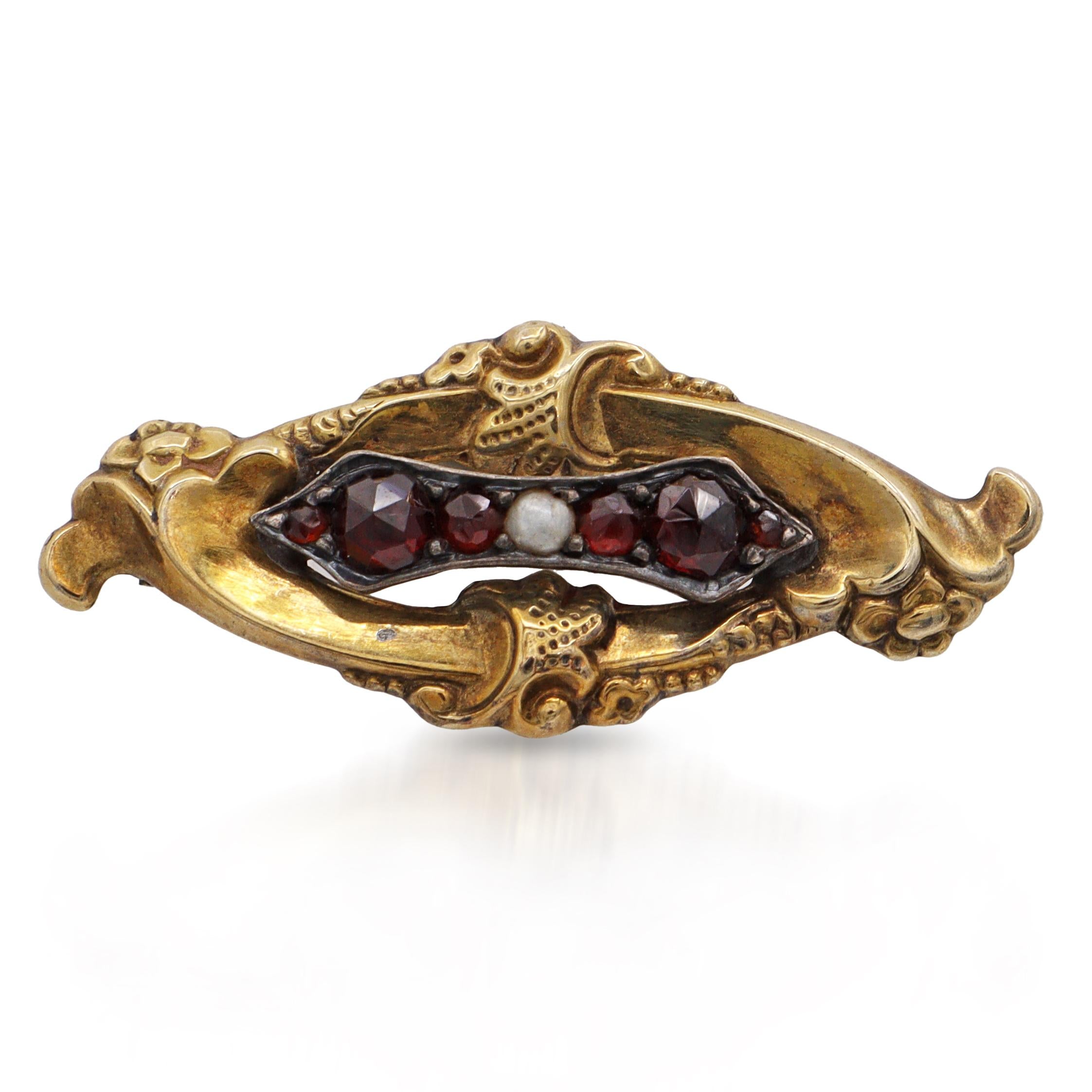 Antique Victorian 14K Yellow Gold Garnet and Seed Pearl Brooch Pin