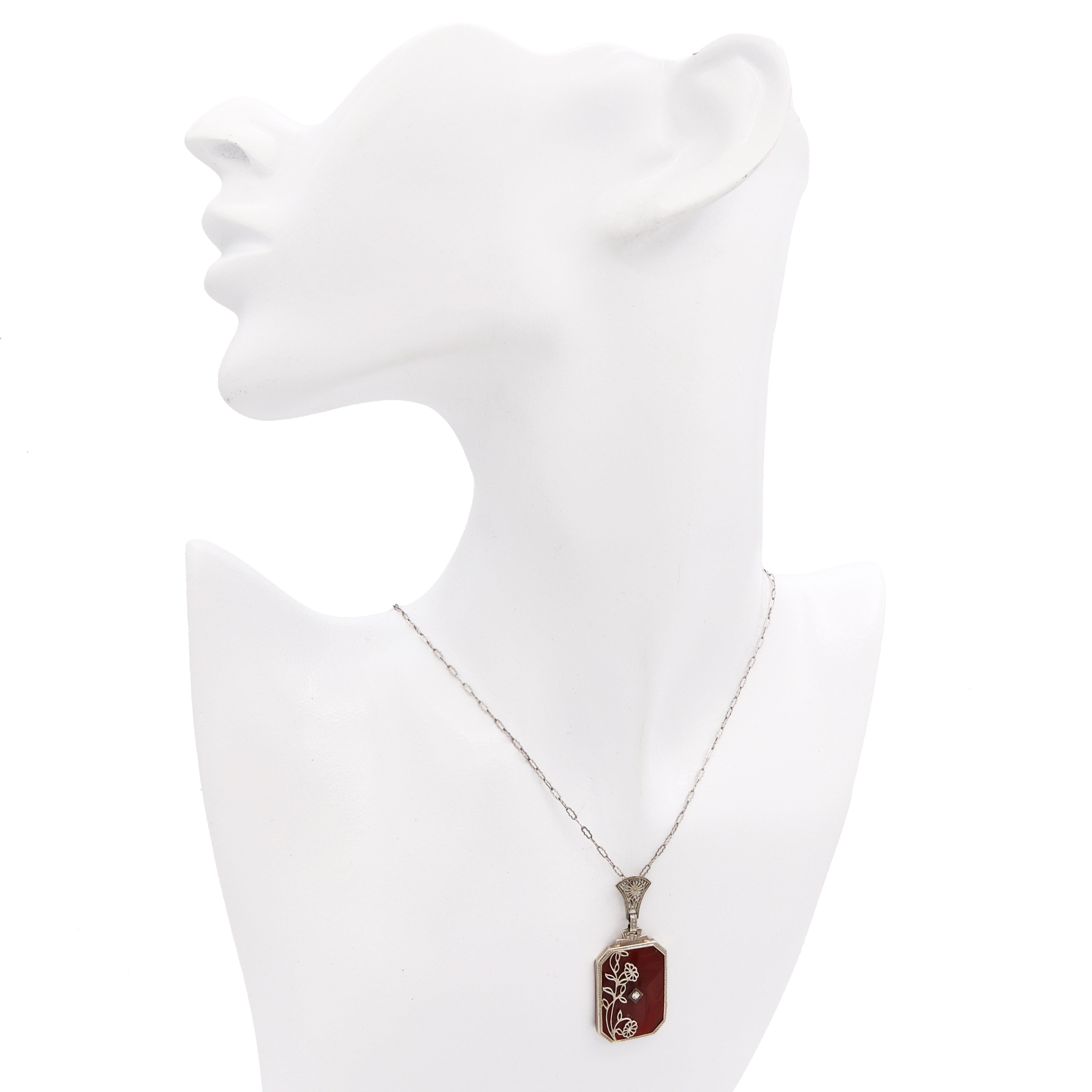 Antique Art Deco 14k White Gold Filigree Carnelian Diamond Pendant Necklace