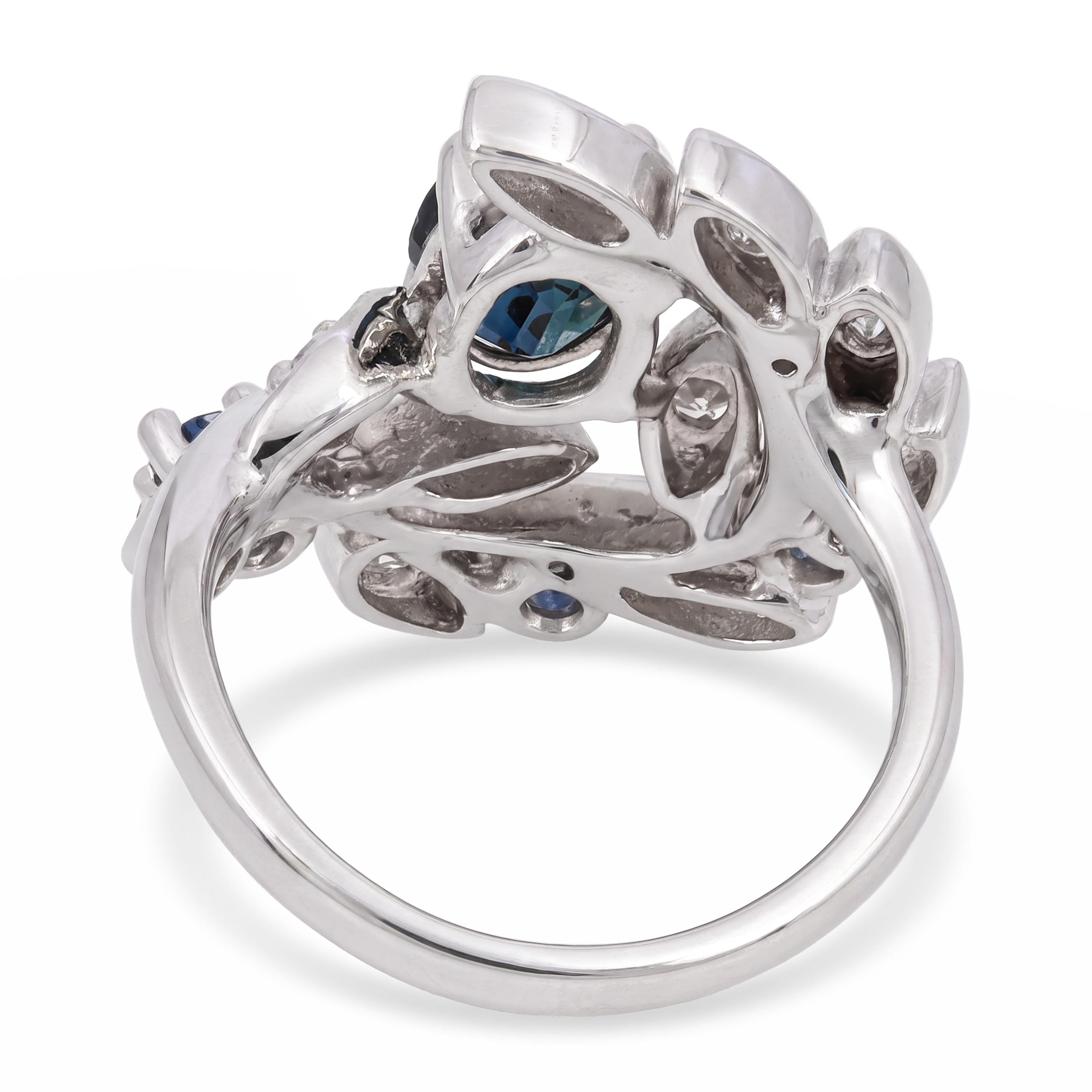 Vintage 14k White Gold Blue Sapphire and Diamond Vine Cocktail Ring