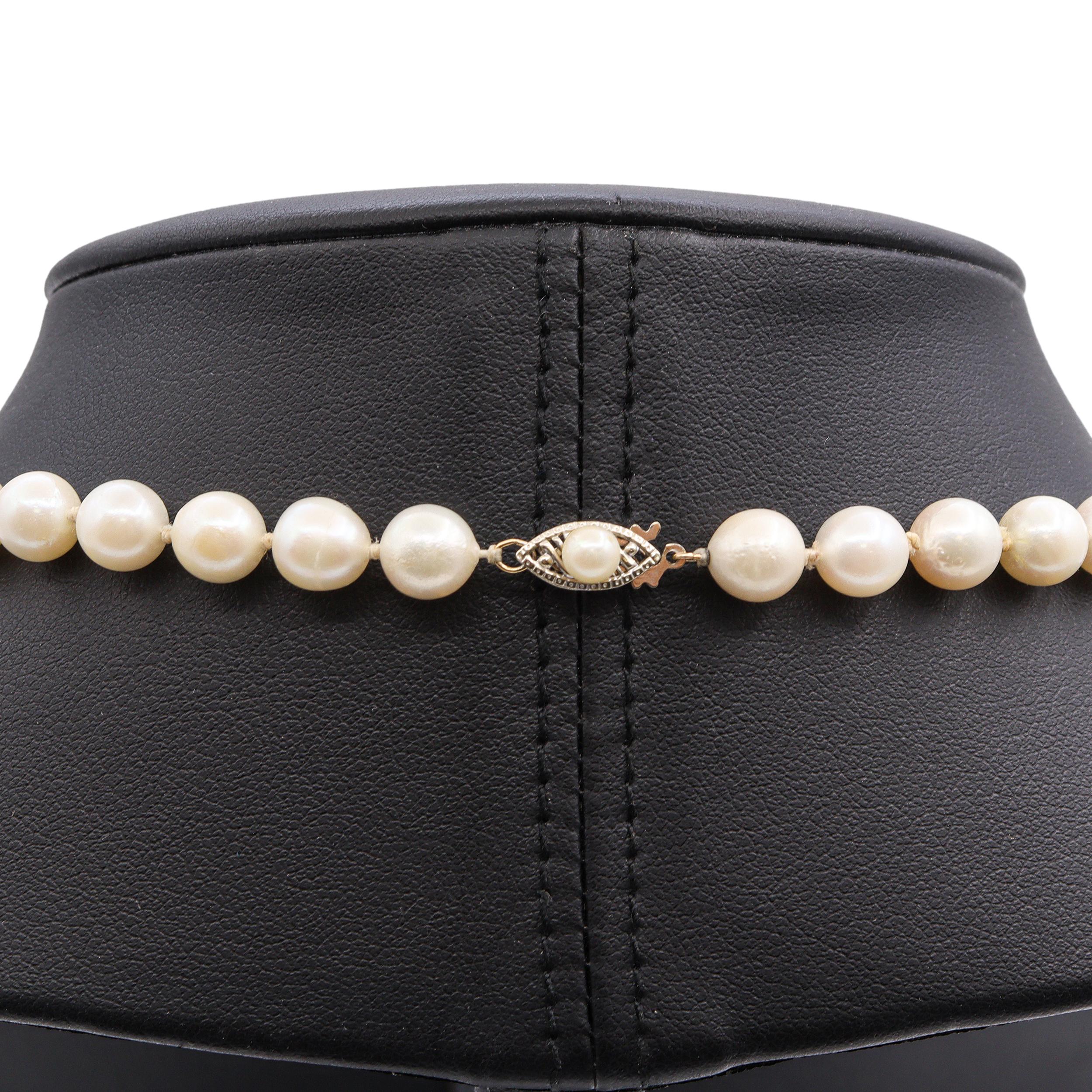 Vintage 14K White Gold Filigree Clasp Pearl Beaded Strand Necklace