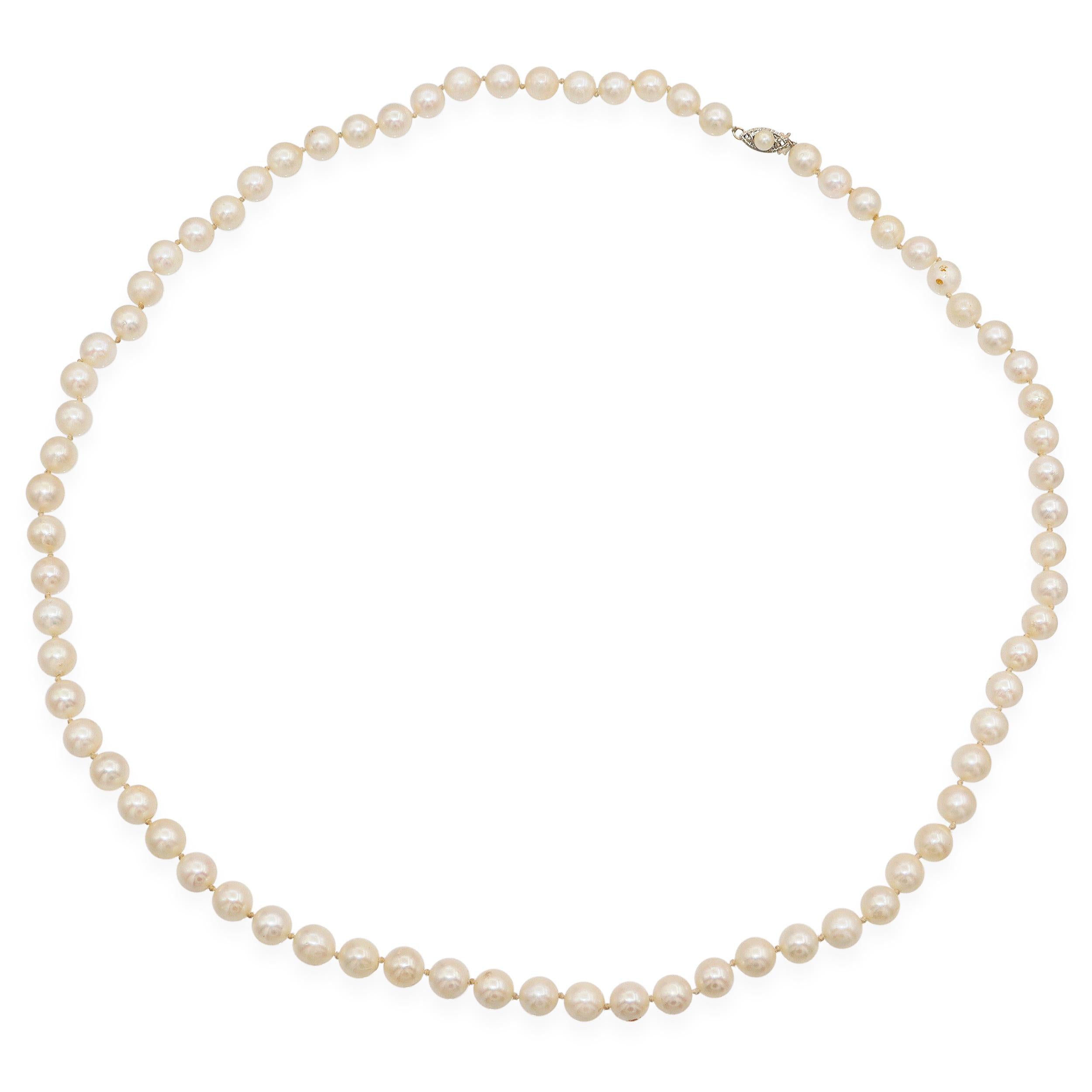 Vintage 14K White Gold Filigree Clasp Pearl Beaded Strand Necklace