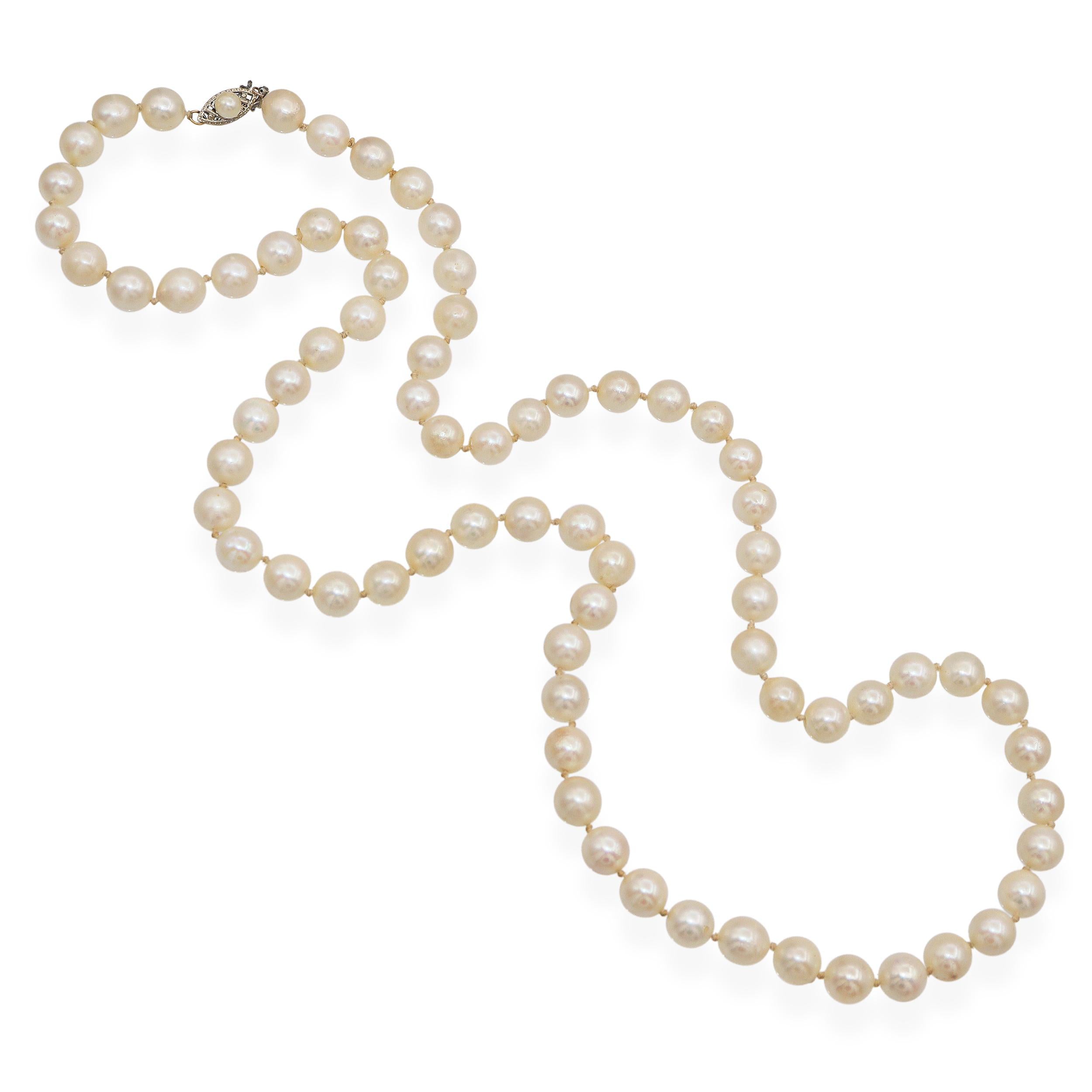 Vintage 14K White Gold Filigree Clasp Pearl Beaded Strand Necklace