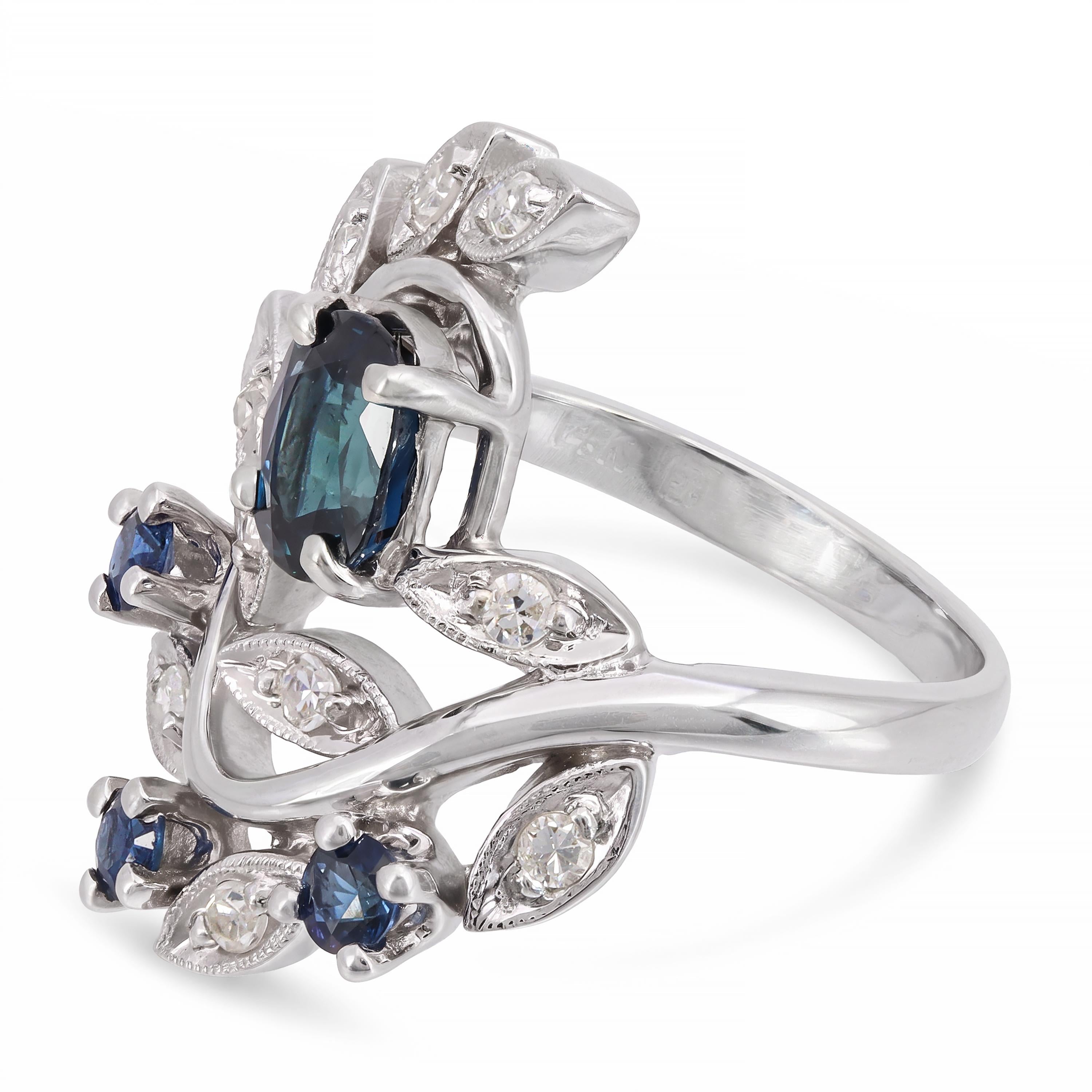 Vintage 14k White Gold Blue Sapphire and Diamond Vine Cocktail Ring