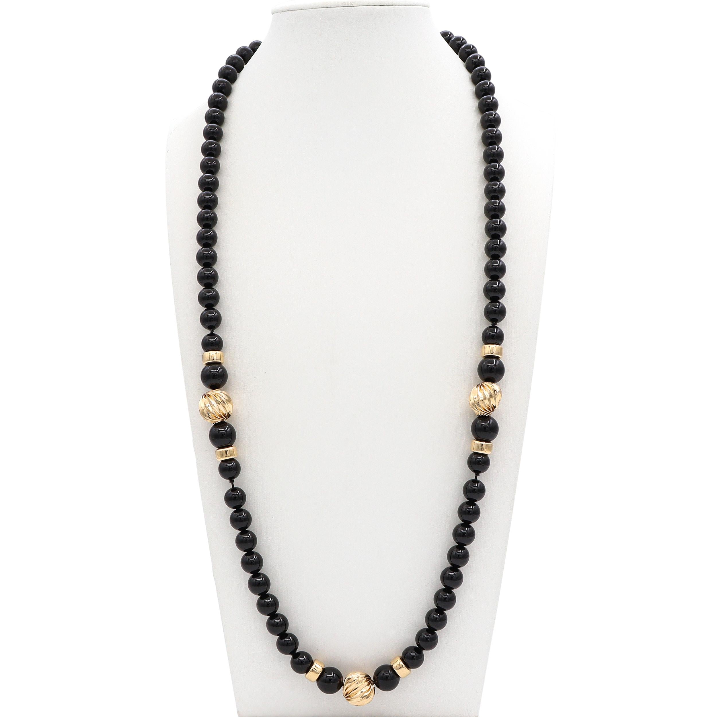 Vintage 14K Yellow Gold & Black Onyx Beaded Strand Necklace