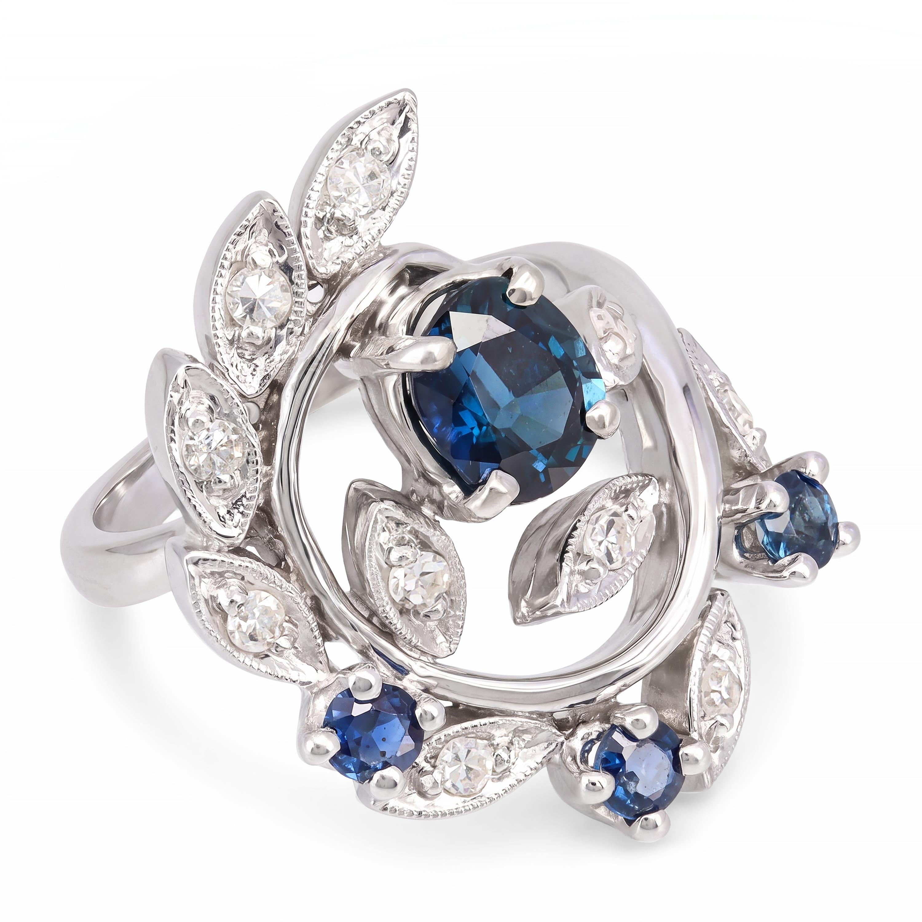 Vintage 14k White Gold Blue Sapphire and Diamond Vine Cocktail Ring