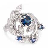 Vintage 14k White Gold Blue Sapphire and Diamond Vine Cocktail Ring