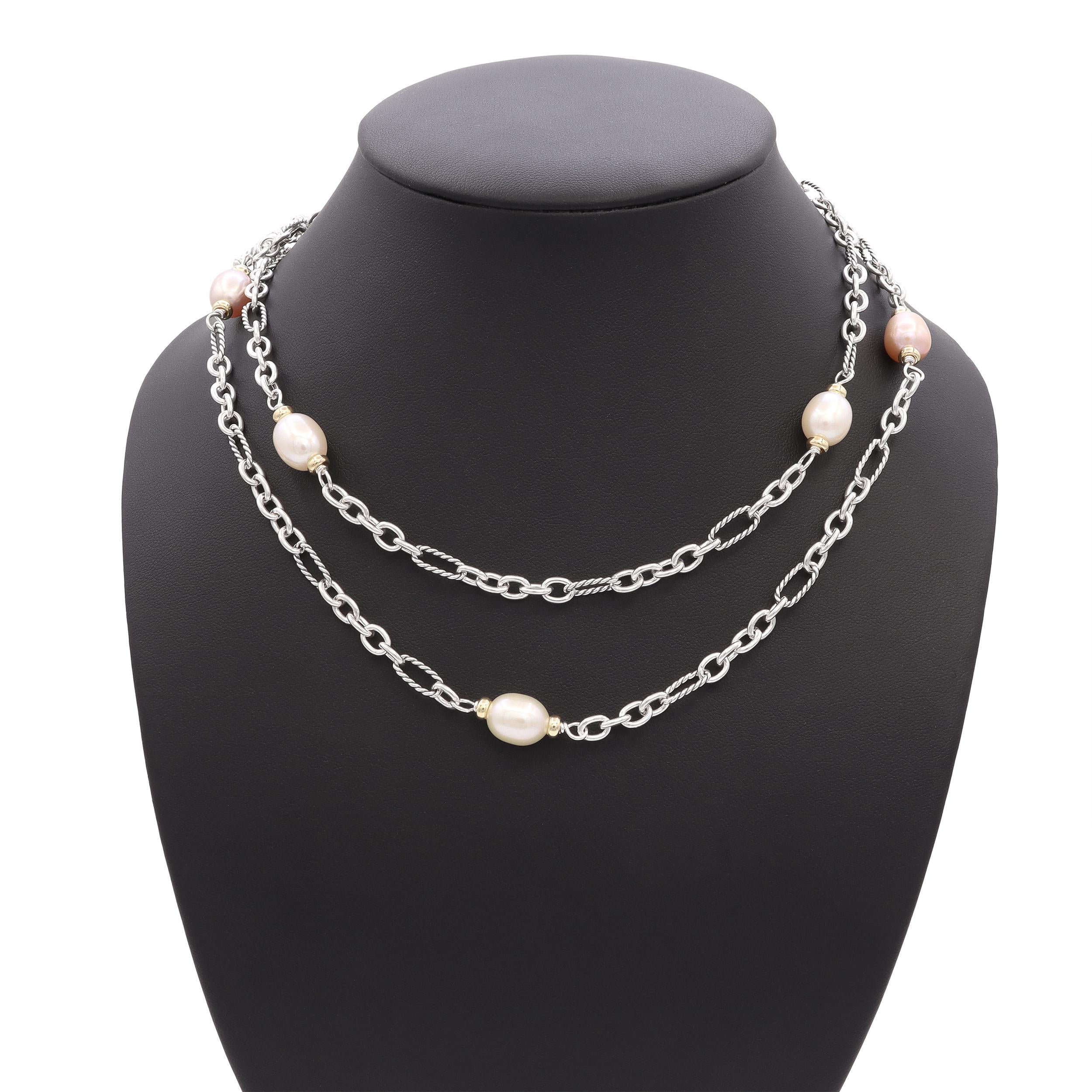 David Yurman Sterling Silver & 18k Yellow Gold Pearl Station Necklace
