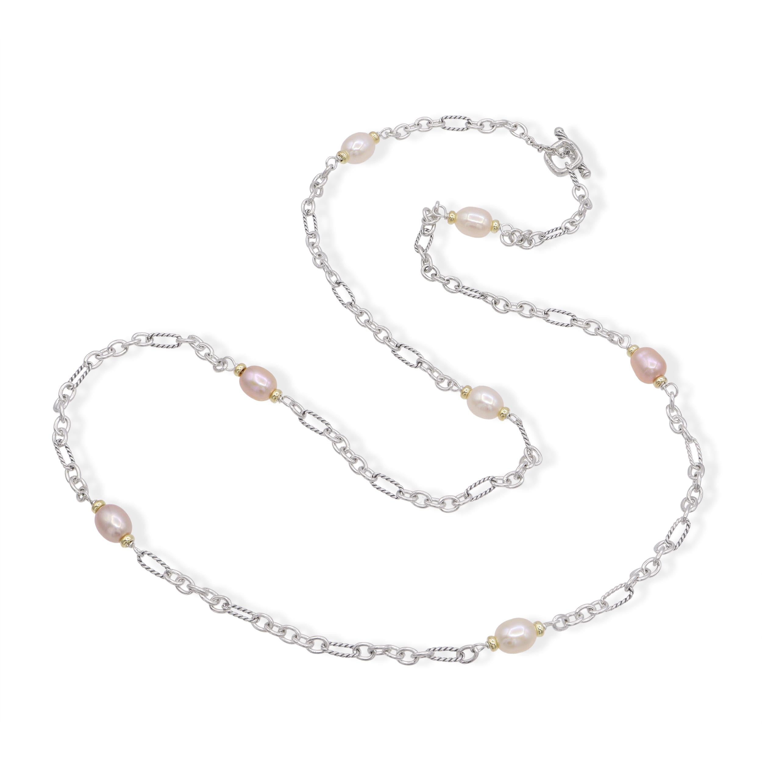 David Yurman Sterling Silver & 18k Yellow Gold Pearl Station Necklace