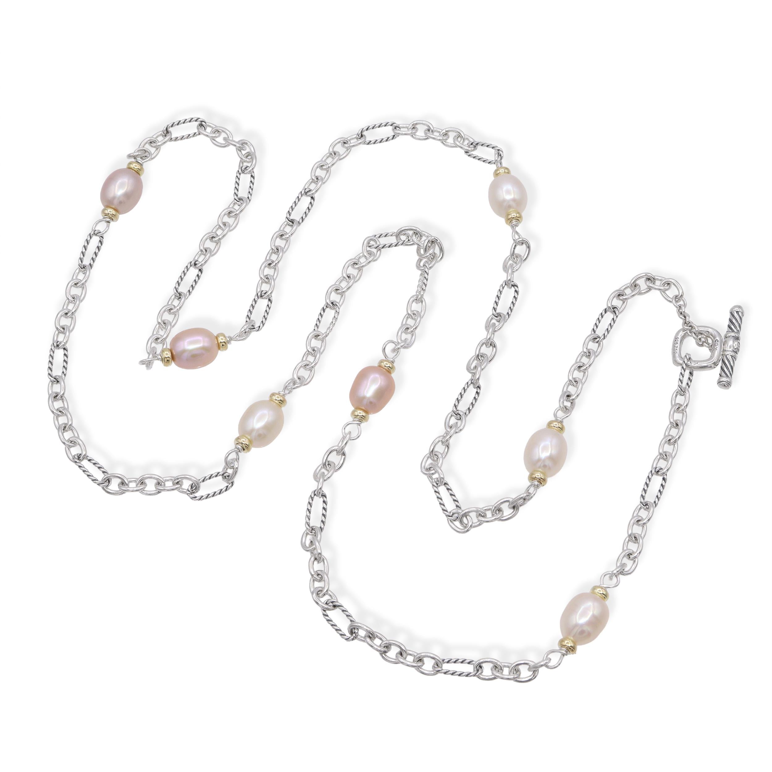 David Yurman Sterling Silver & 18k Yellow Gold Pearl Station Necklace