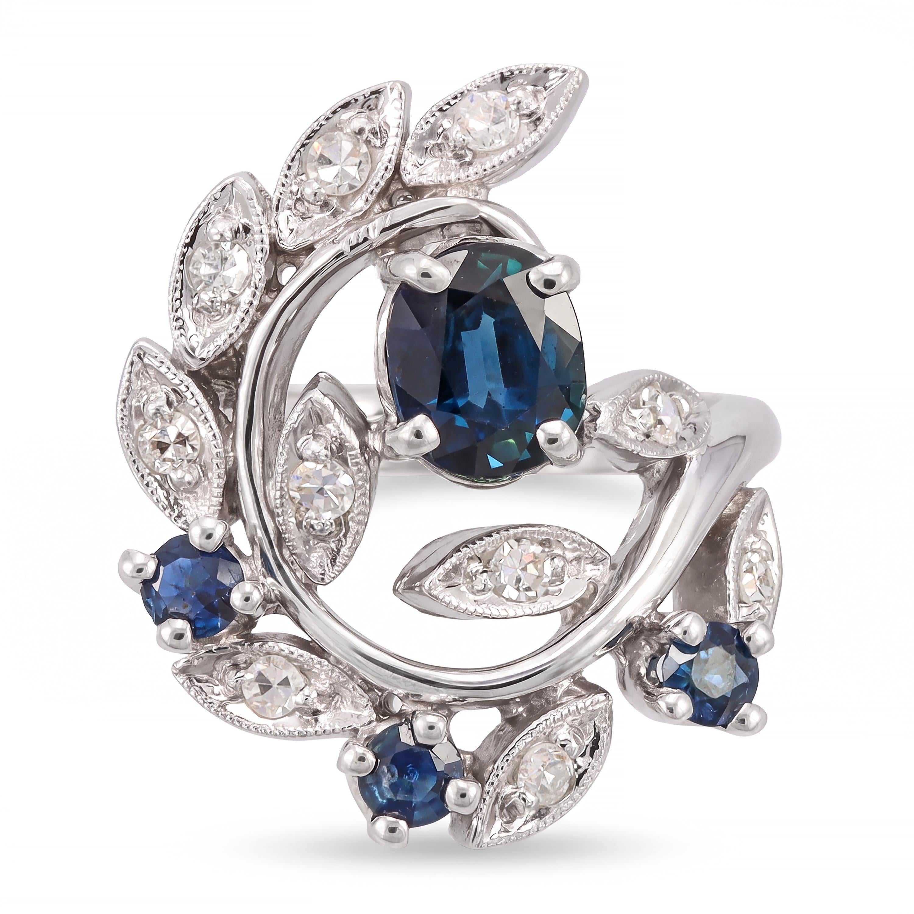 Vintage 14k White Gold Blue Sapphire and Diamond Vine Cocktail Ring