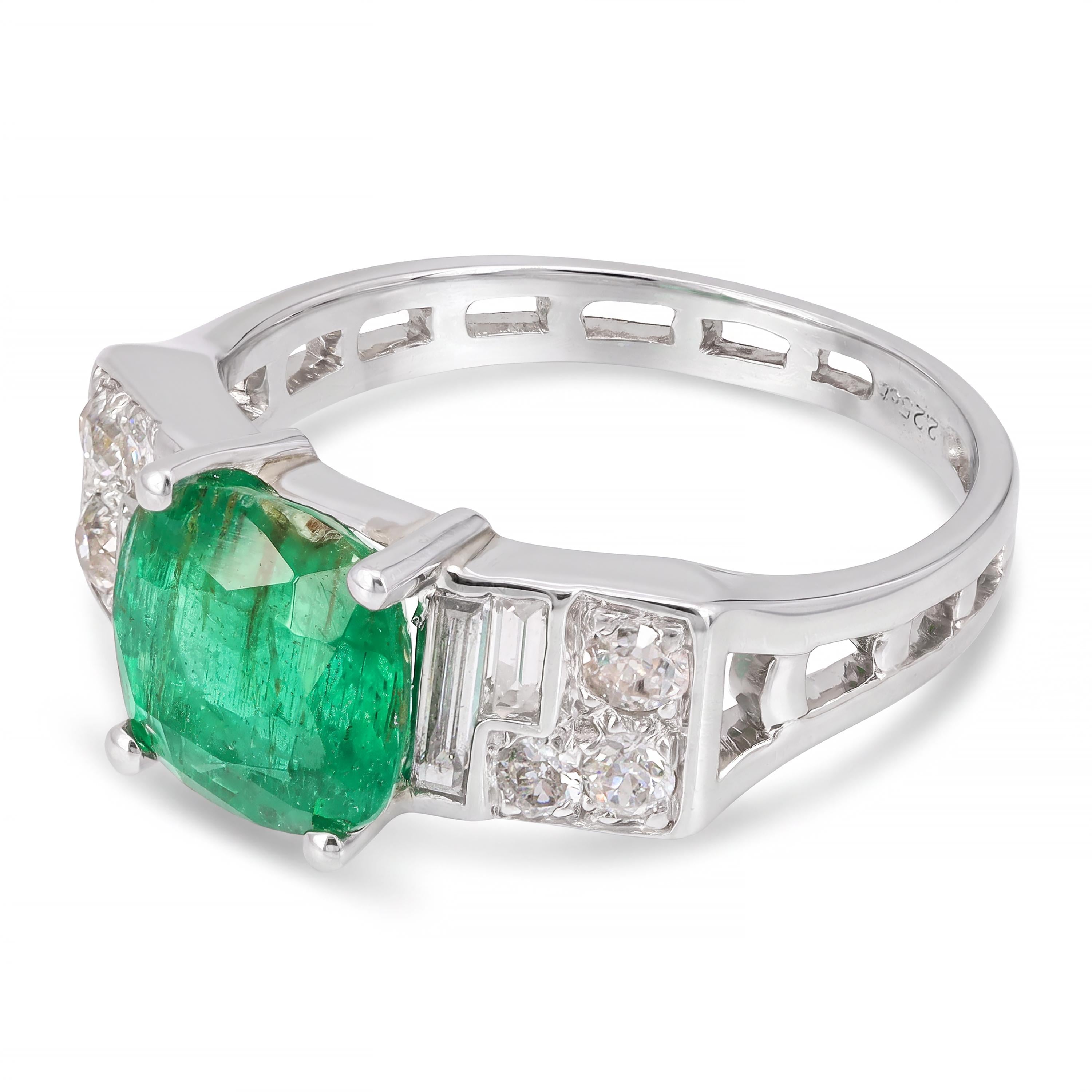 Antique Art Deco Platinum Emerald and Old European Cut Diamond Ring