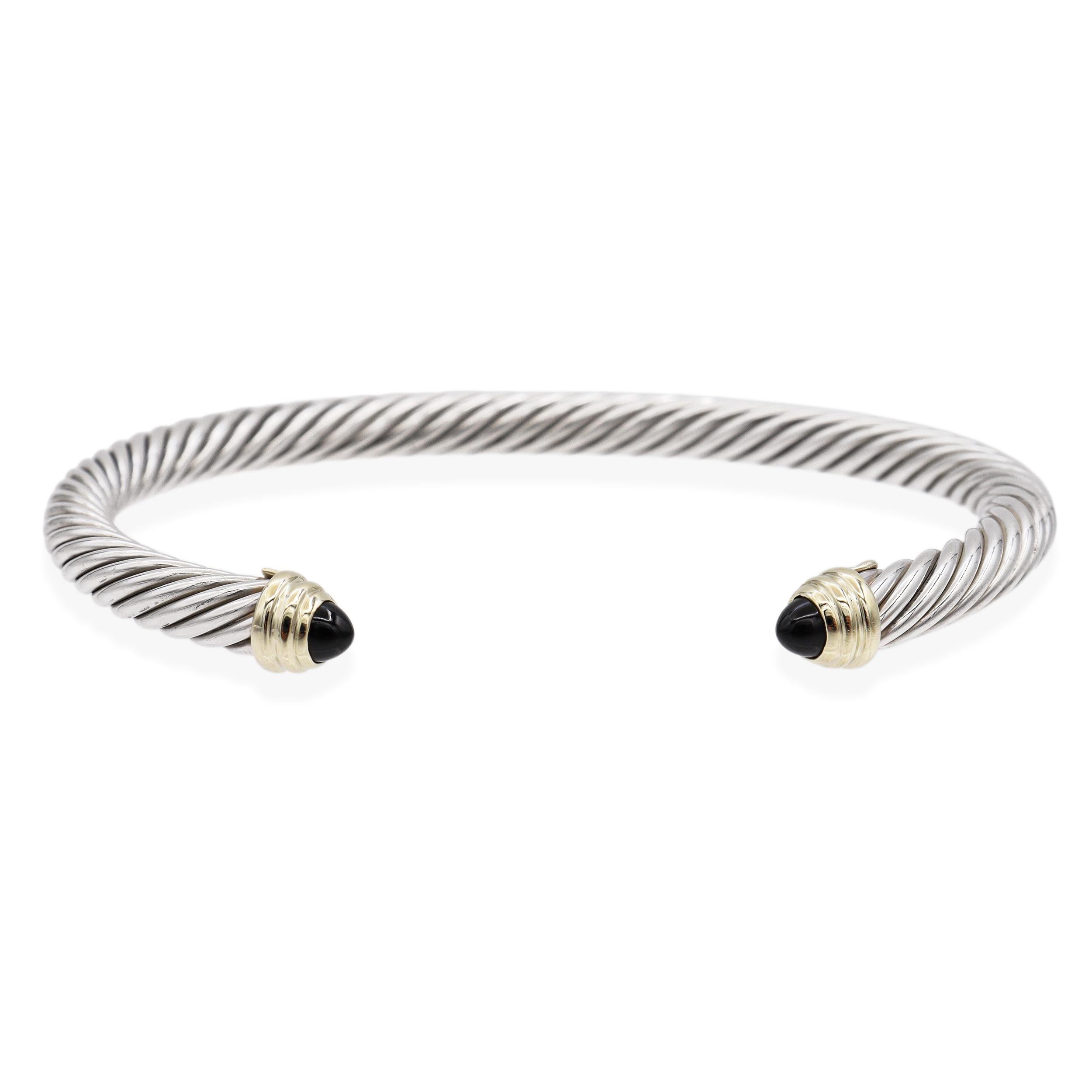 David Yurman Sterling Silver 14K Gold Black Onyx Cable Classic Cuff Bracelet