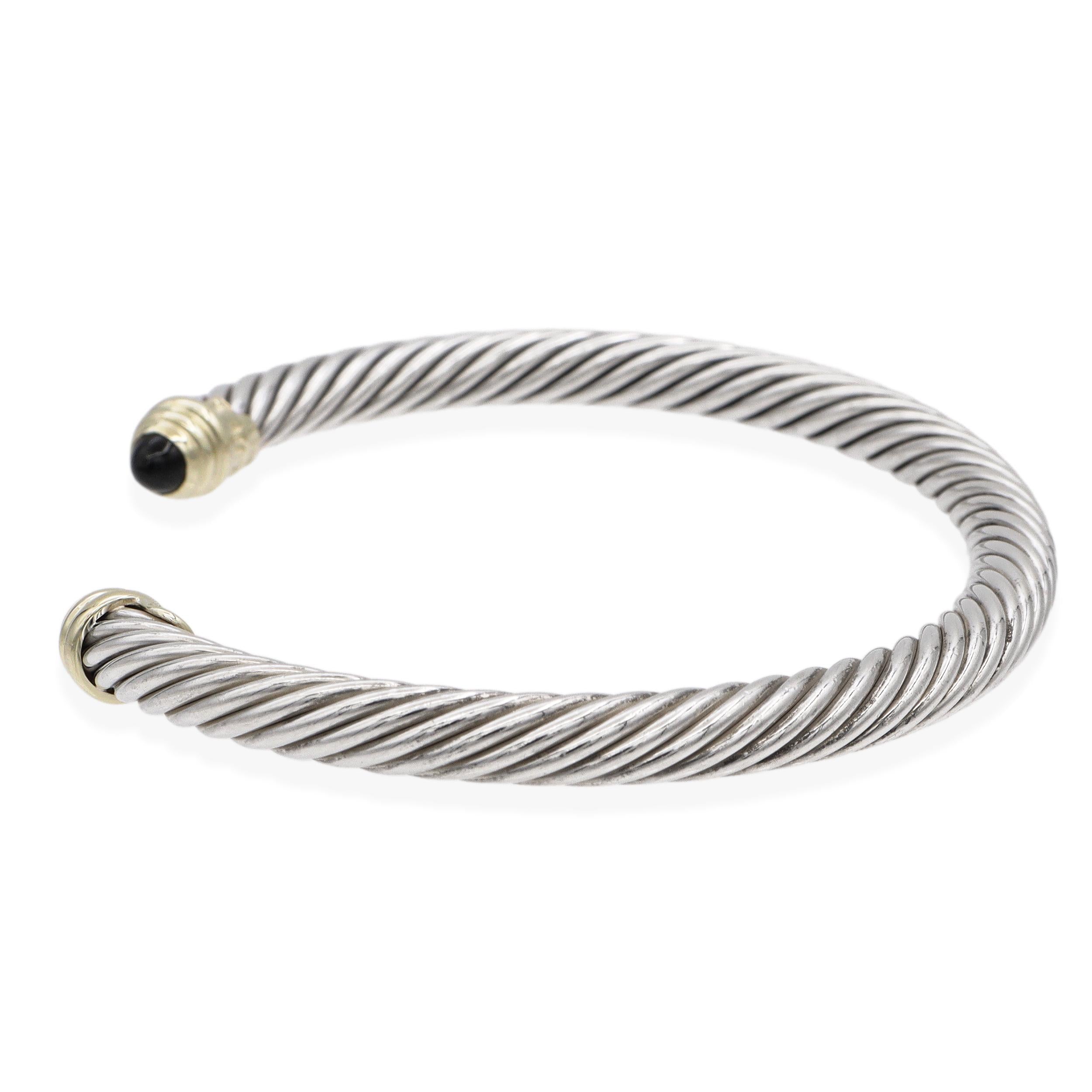 David Yurman Sterling Silver 14K Gold Black Onyx Cable Classic Cuff Bracelet
