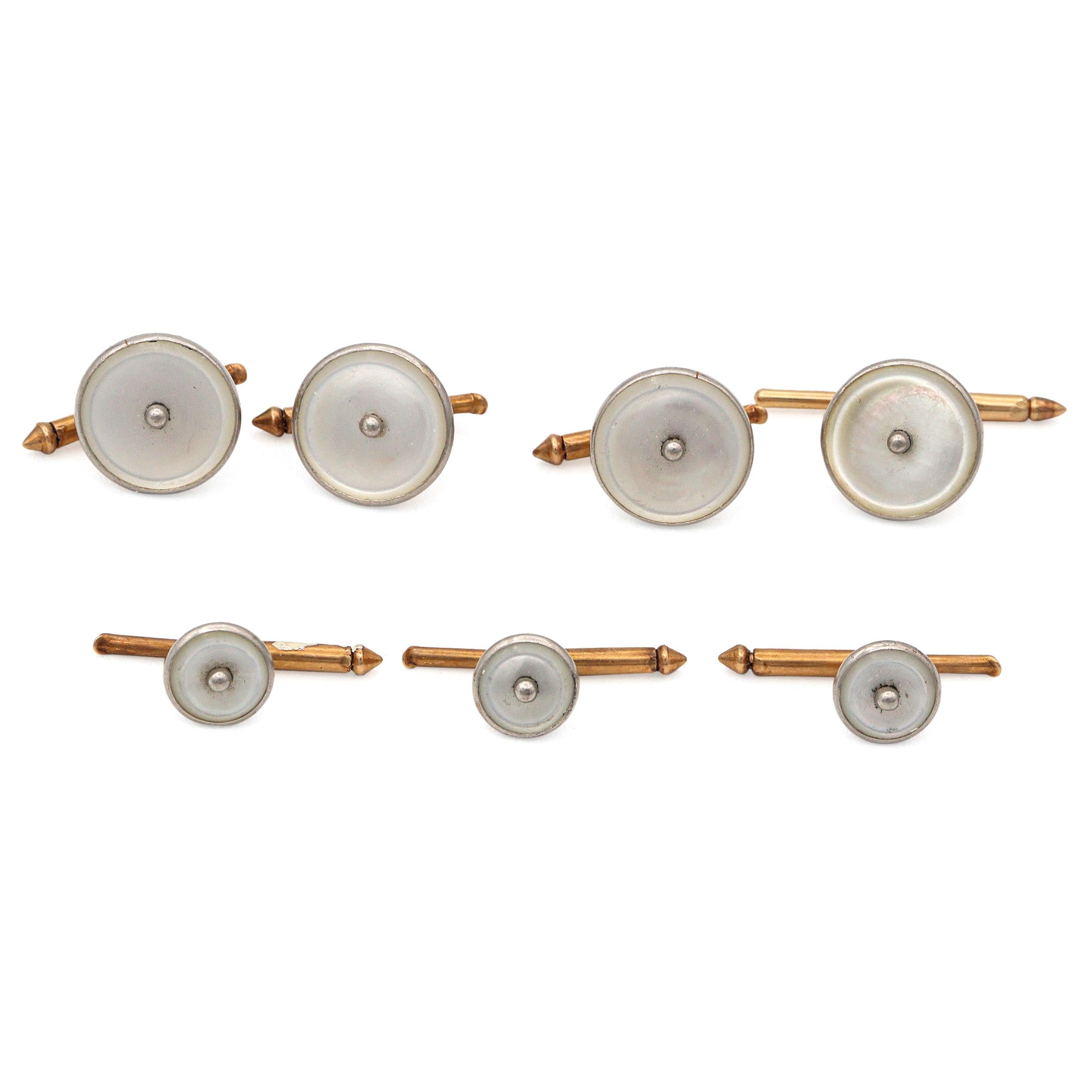 Vintage 14K Yellow Gold Mother of Pearl Tuxedo Shirt Studs & Waistcoat Buttons