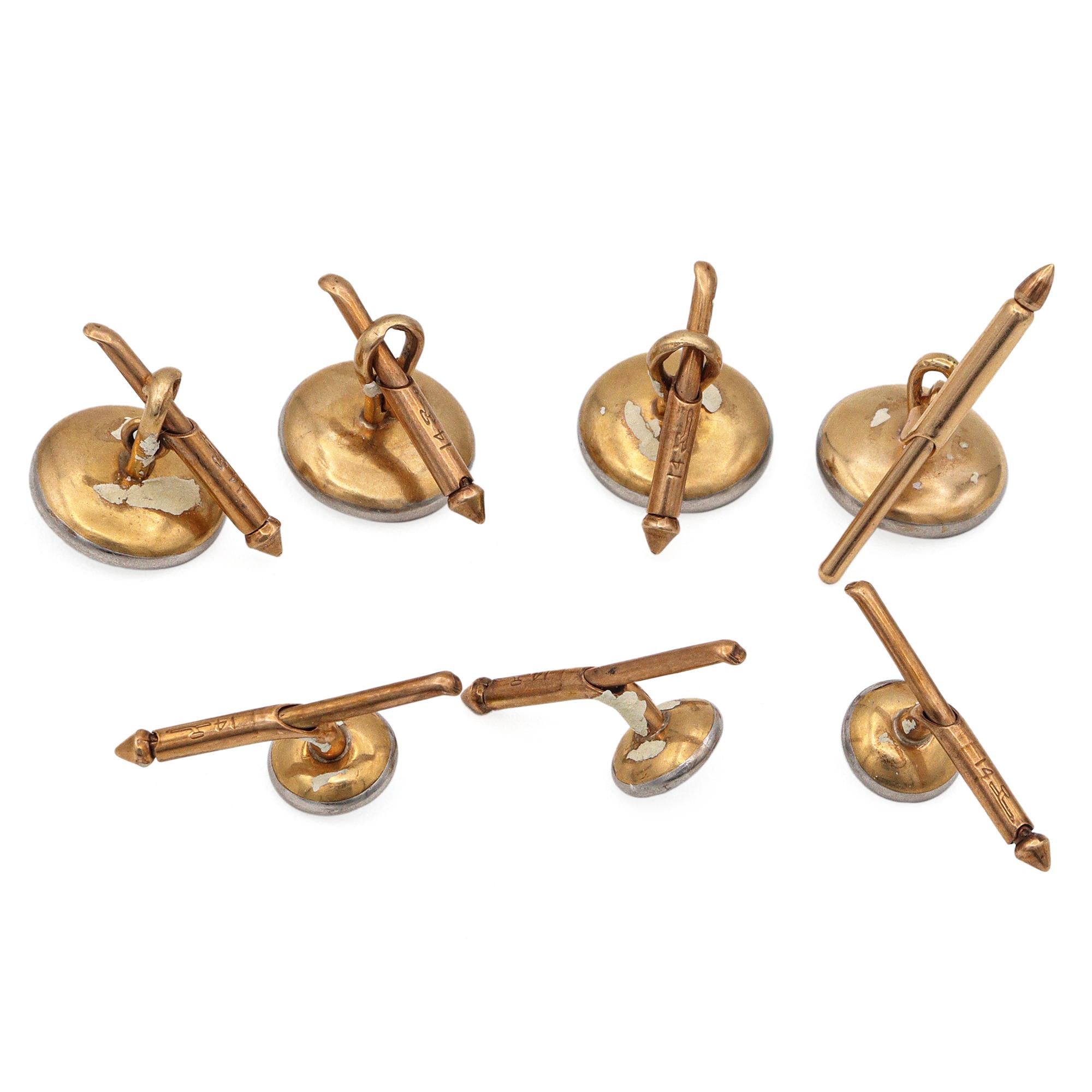 Vintage 14K Yellow Gold Mother of Pearl Tuxedo Shirt Studs & Waistcoat Buttons