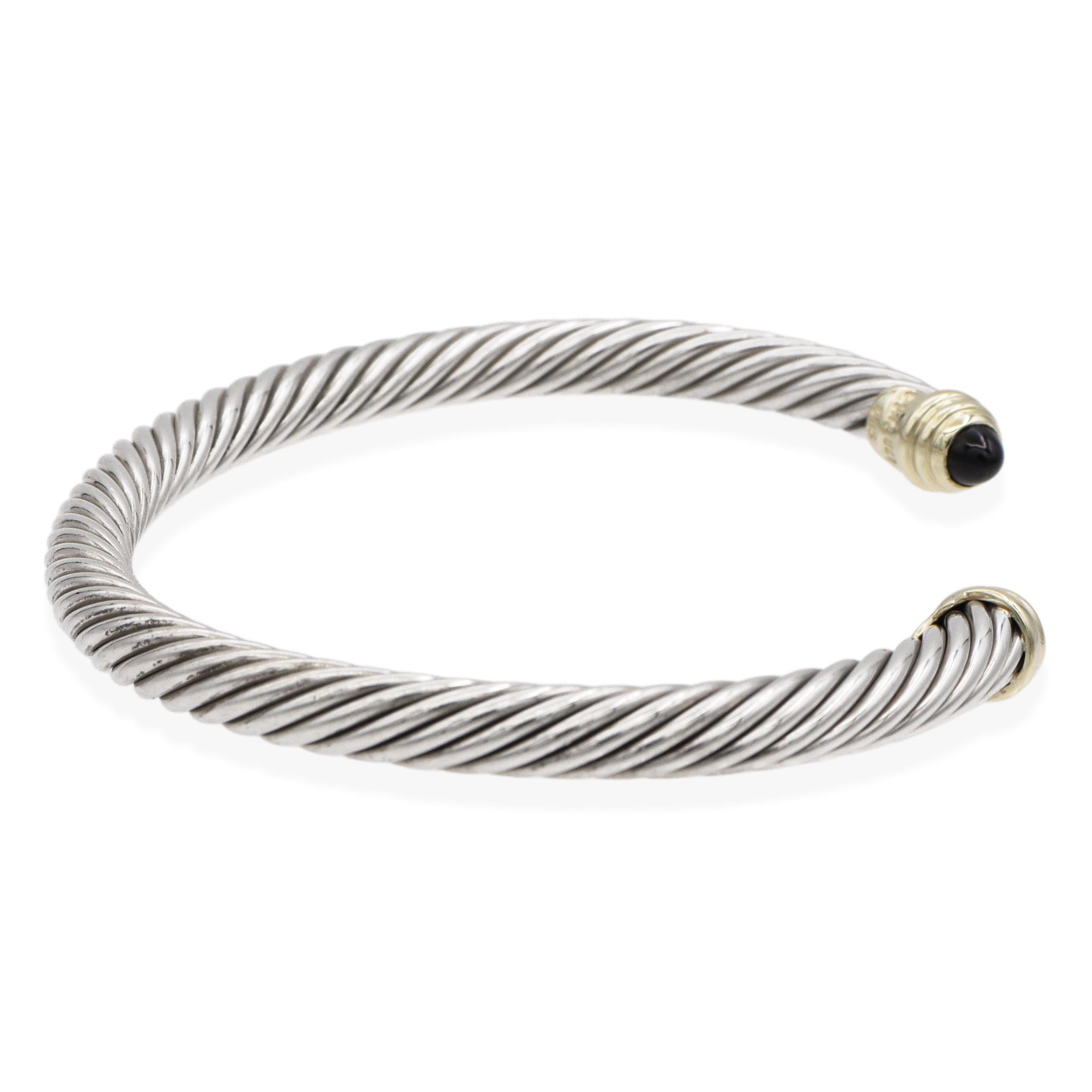 David Yurman Sterling Silver 14K Gold Black Onyx Cable Classic Cuff Bracelet