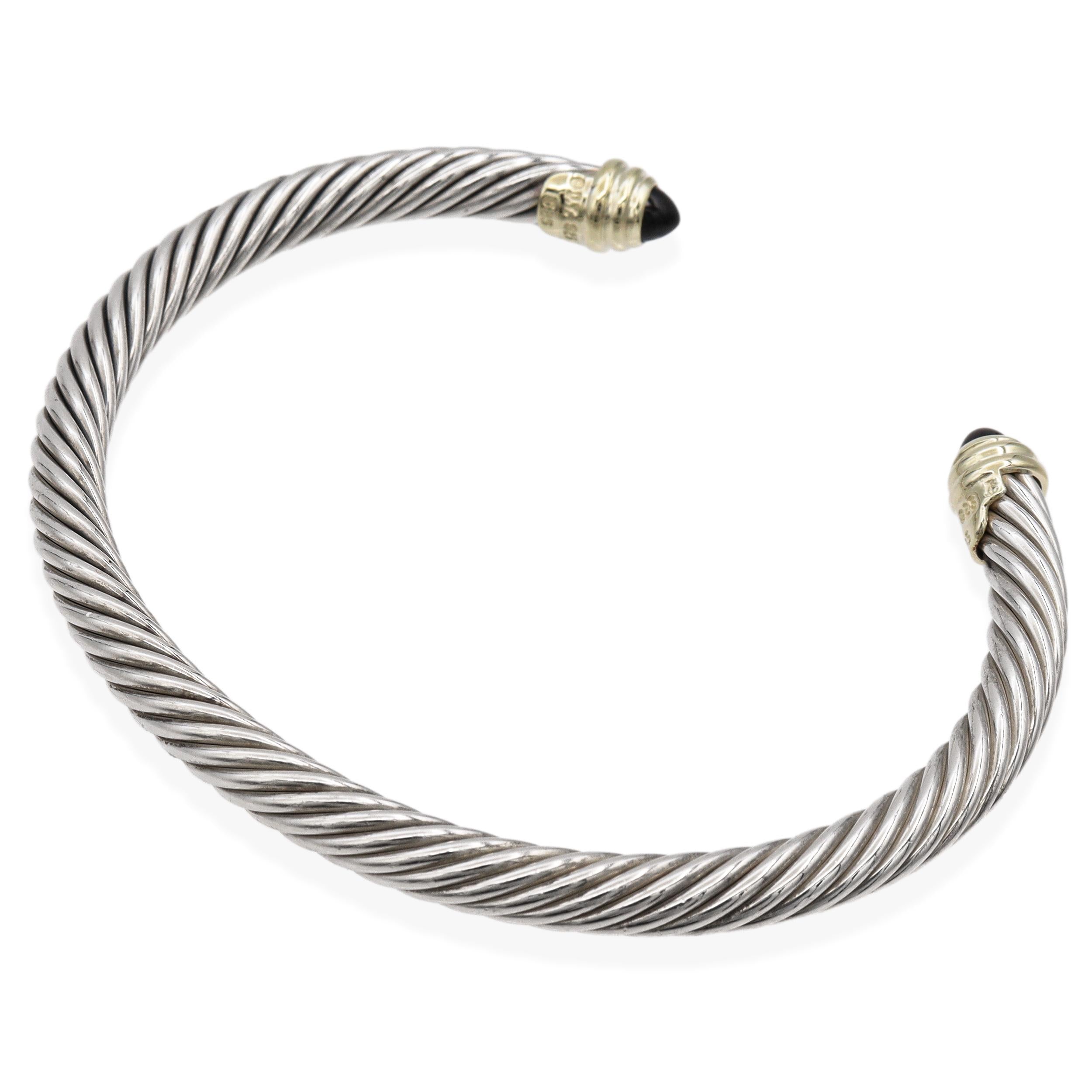 David Yurman Sterling Silver 14K Gold Black Onyx Cable Classic Cuff Bracelet