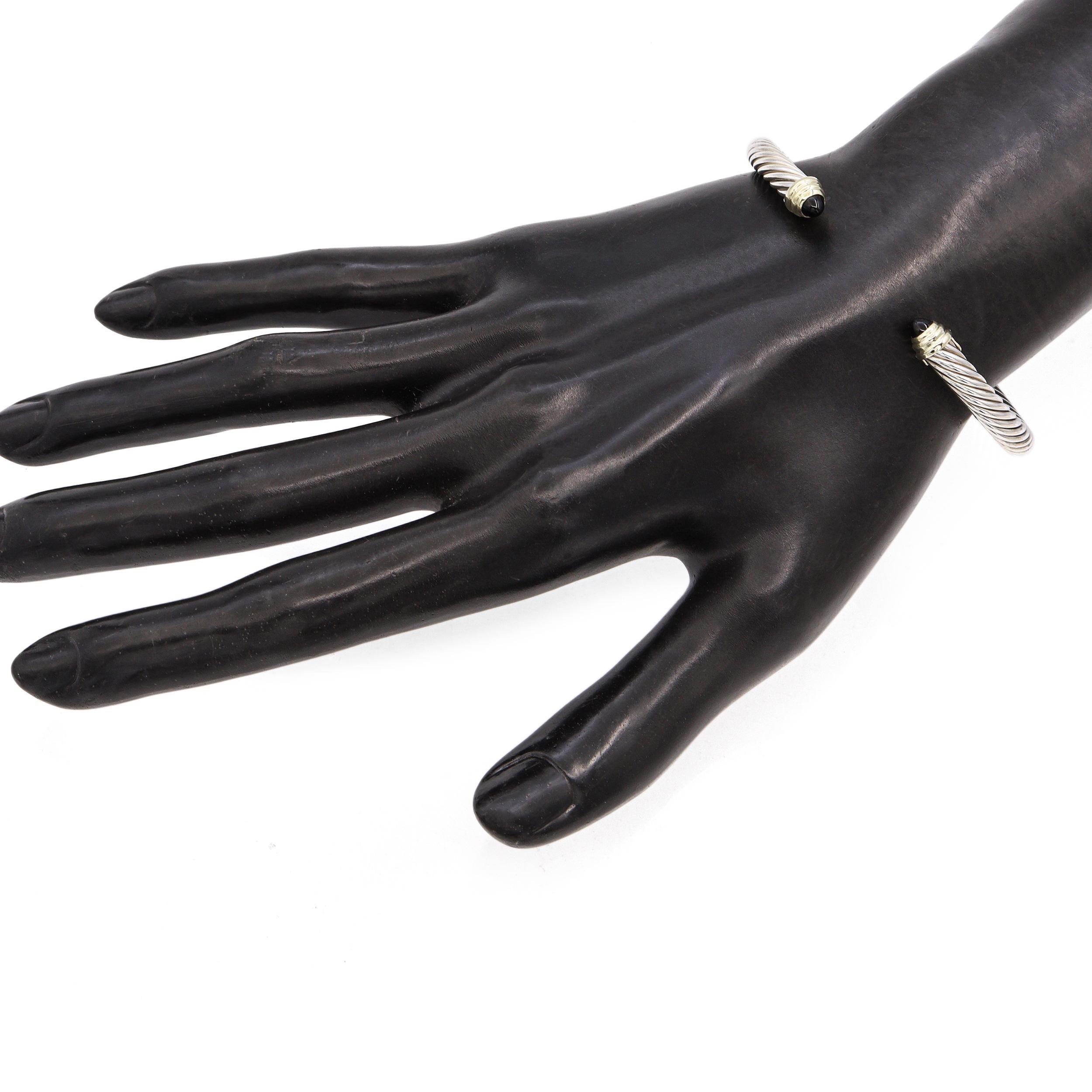 David Yurman Sterling Silver 14K Gold Black Onyx Cable Classic Cuff Bracelet