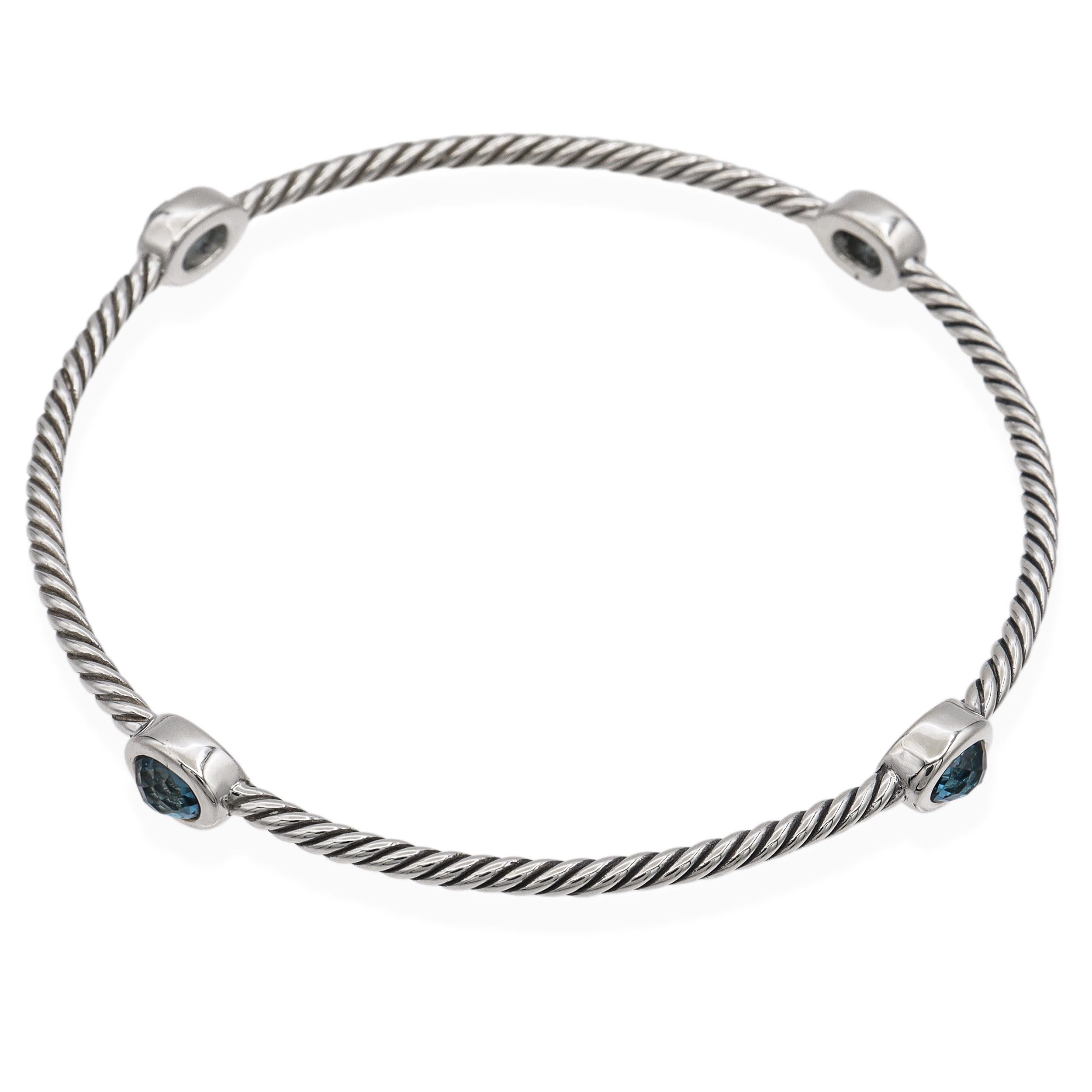 David Yurman Sterling Silver Blue Topaz Cable Bangle Bracelet