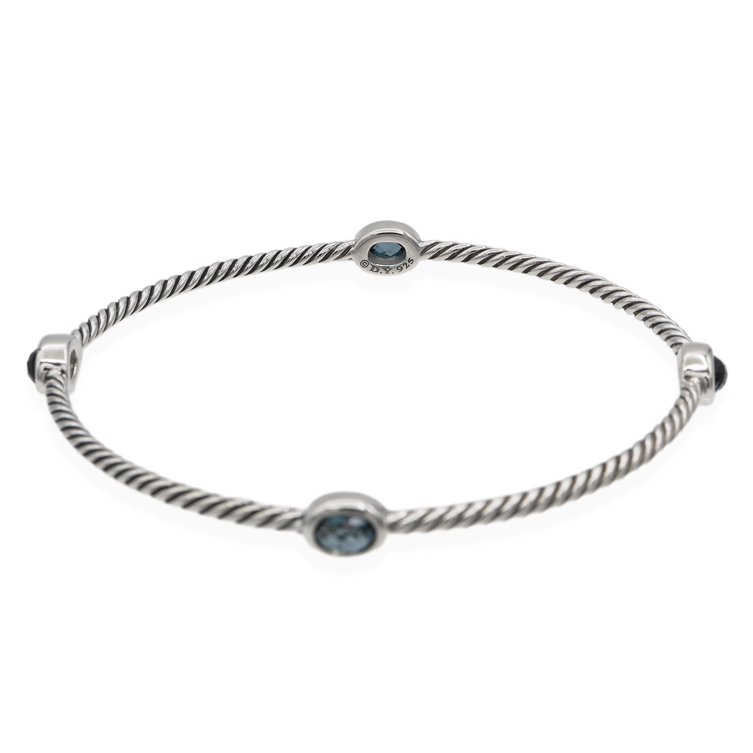 David Yurman Sterling Silver Blue Topaz Cable Bangle Bracelet