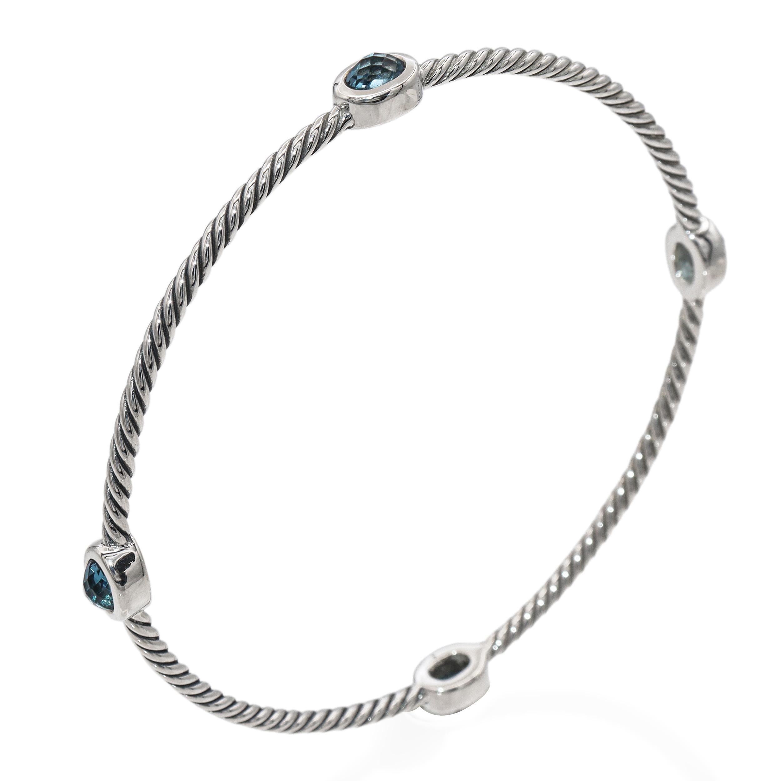 David Yurman Sterling Silver Blue Topaz Cable Bangle Bracelet