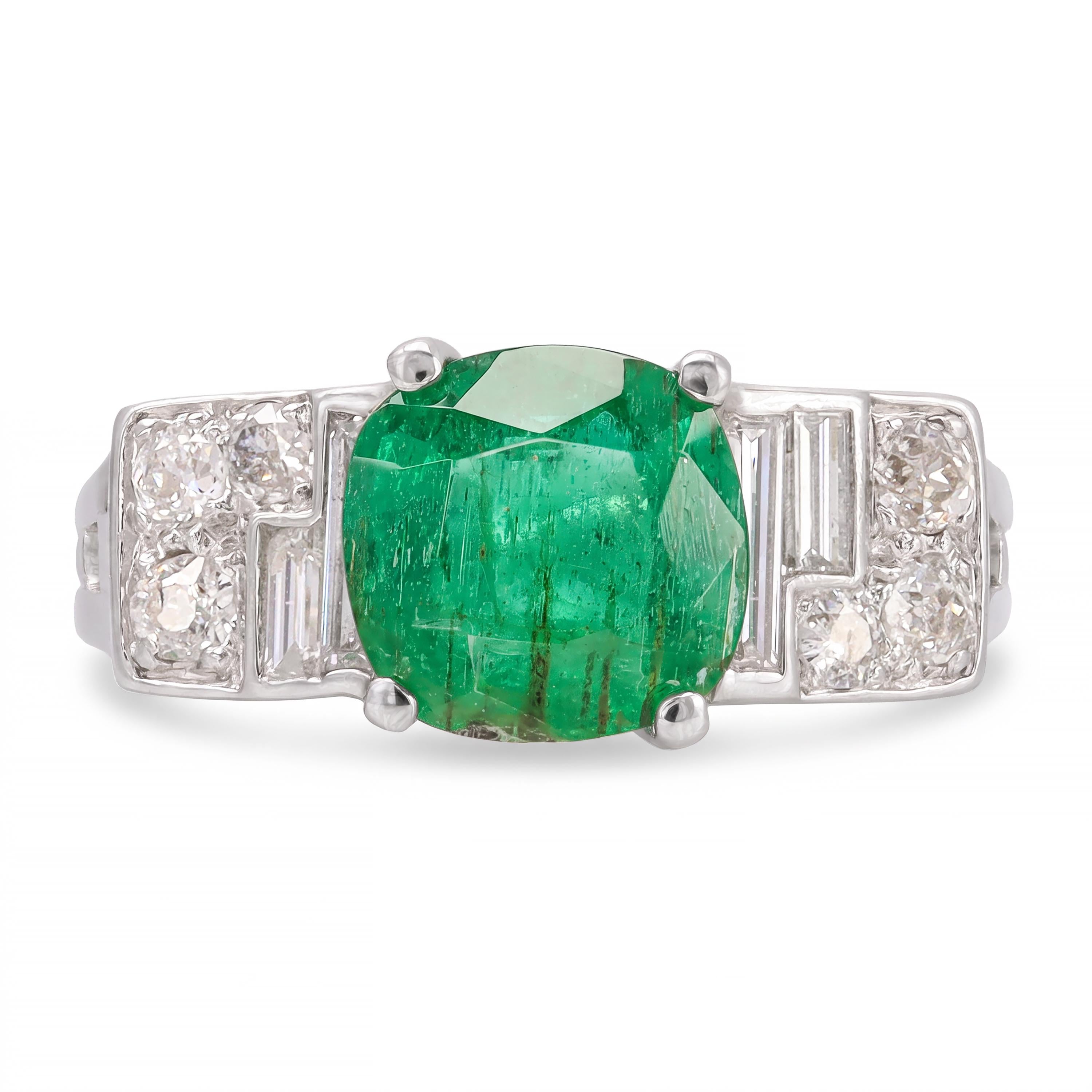 Antique Art Deco Platinum Emerald and Old European Cut Diamond Ring