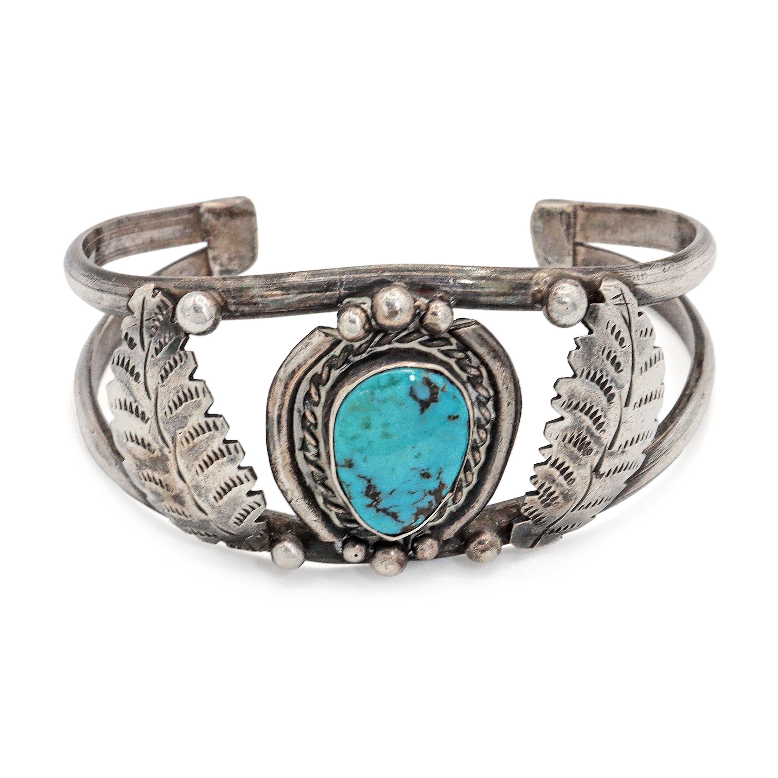 Navajo Sterling Silver Turquoise Leaf Cuff Bracelet