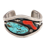 Vintage Phil T. Navajo Sterling Silver Turquoise and Coral Cuff Bracelet