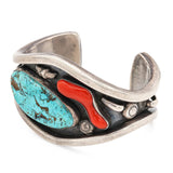 Vintage Phil T. Navajo Sterling Silver Turquoise and Coral Cuff Bracelet